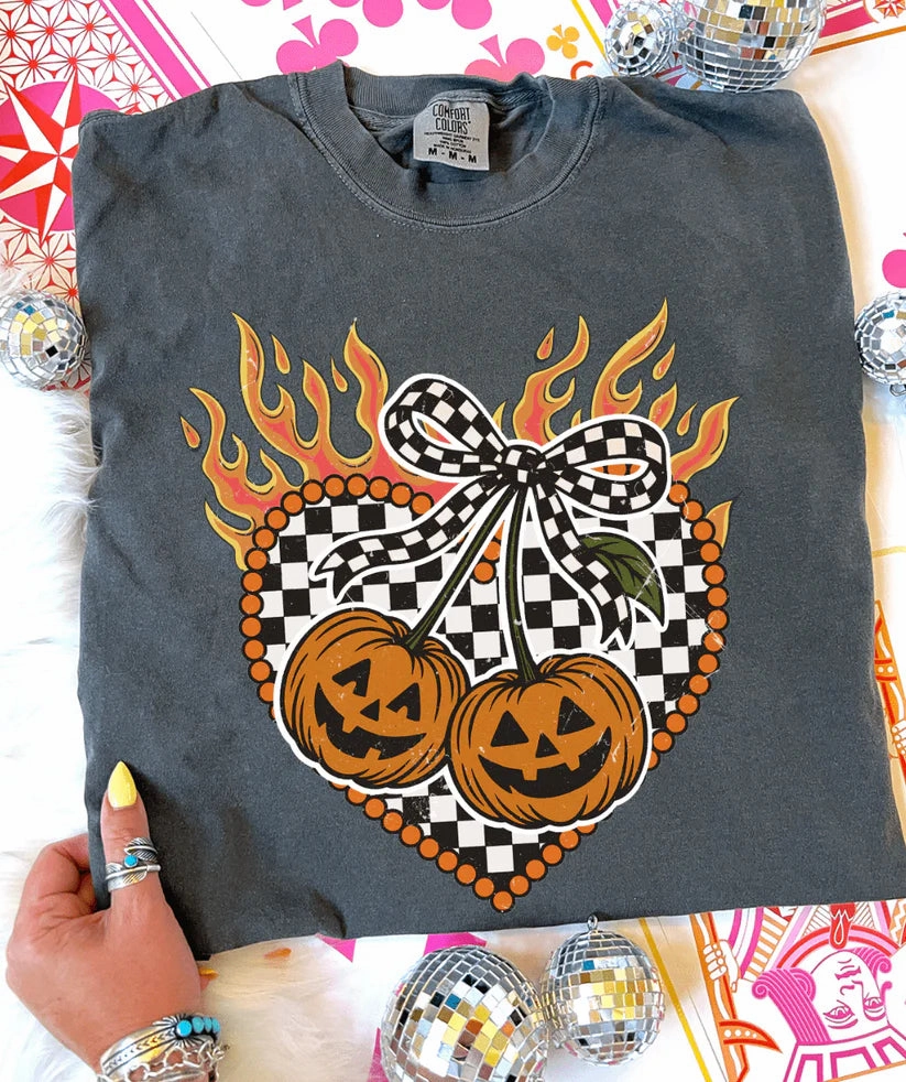 Trendy Comfort Wear Online Exclusive | Checkered Heart Pumpkin Flames Graphic on Short Sleeve Comfort Color Tee in Pepper Black