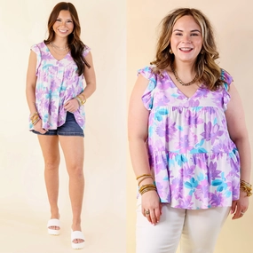 Inspiring Sights Floral V Neck Top with Ruffle Cap Sleeves in Lavender Purple First Date