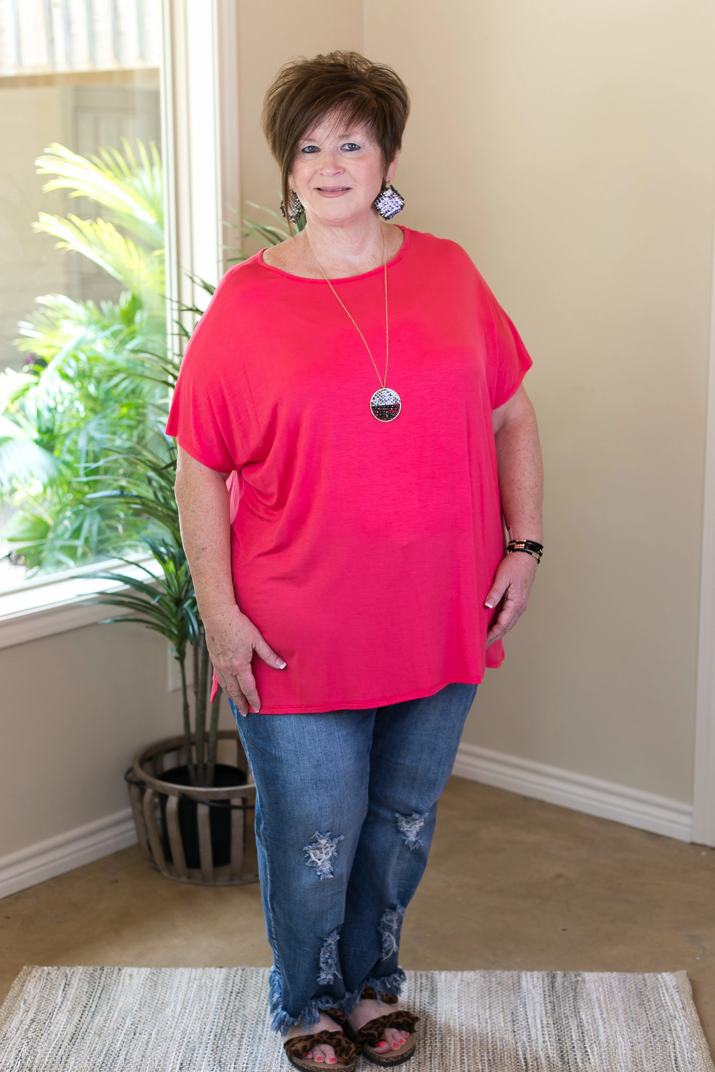 Last Chance Size Small | Everyday Basics Drop Sleeve Solid Piko Top in Coral FlexibleElasticity StaticResistantTextile