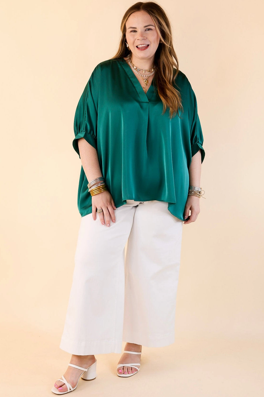 Reinforced Buttonholes Irresistibly Chic Half Sleeve Oversized Blouse in Hunter Green