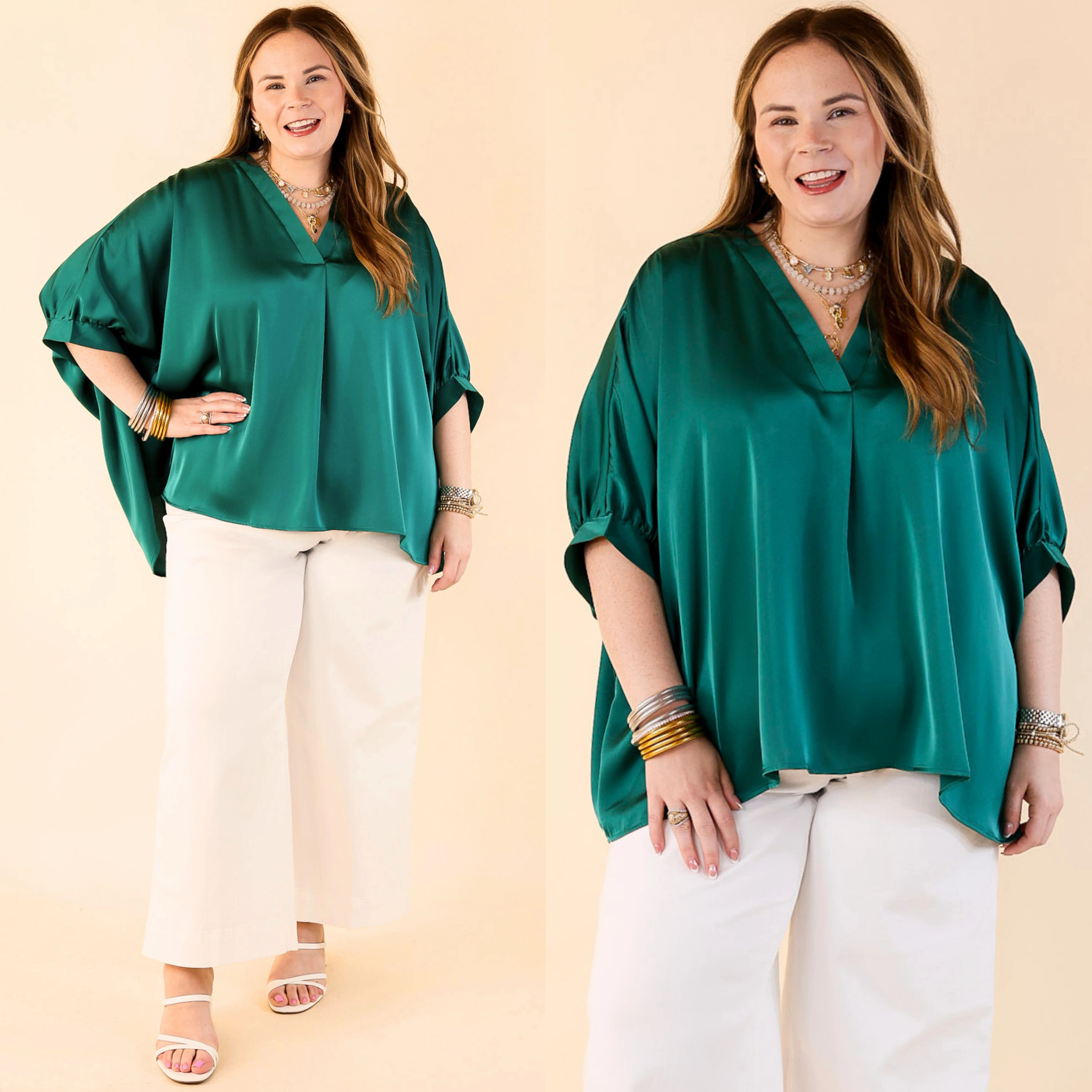 Work From Home Irresistibly Chic Half Sleeve Oversized Blouse in Hunter Green