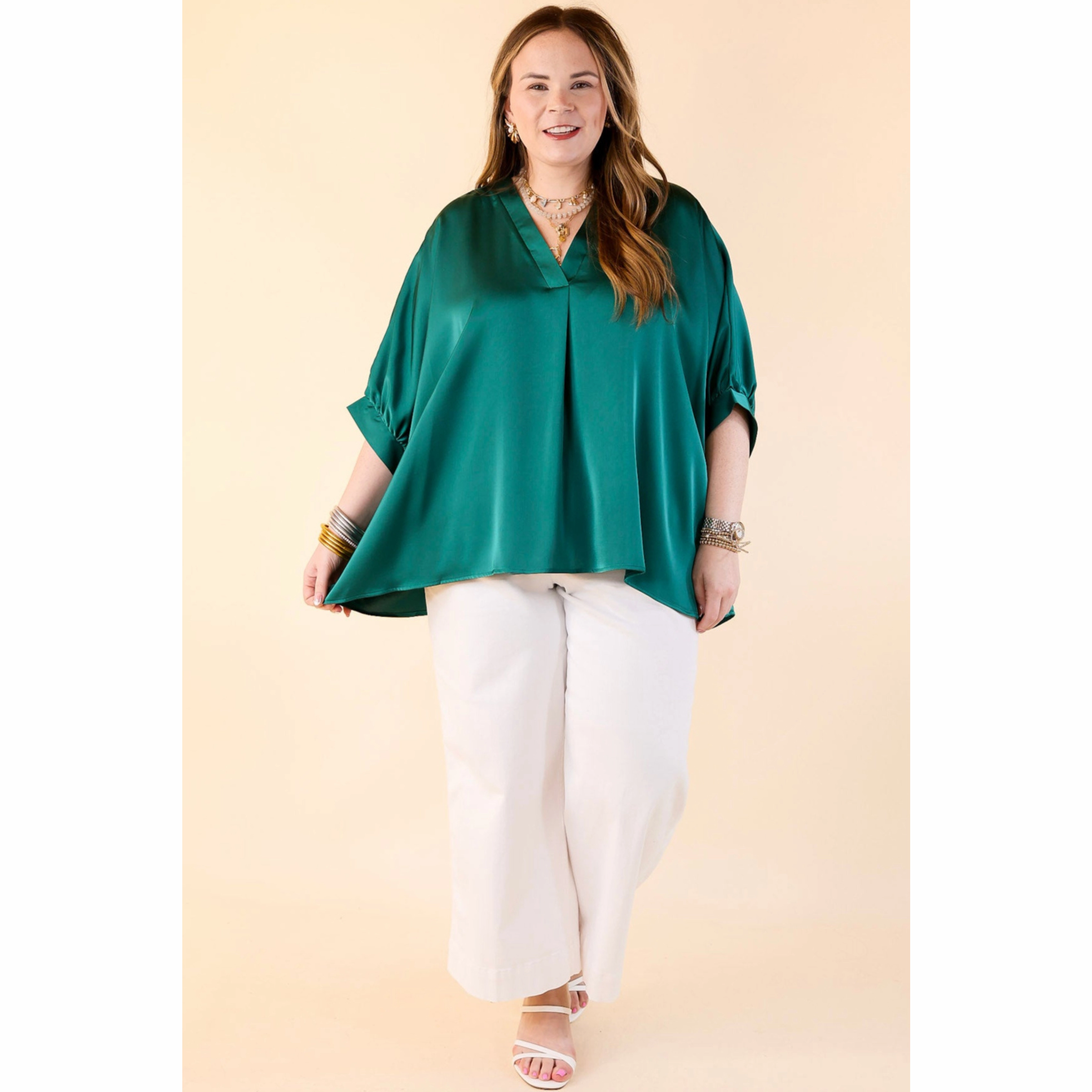 Irresistibly Chic Half Sleeve Oversized Blouse in Hunter Green Rugged Style