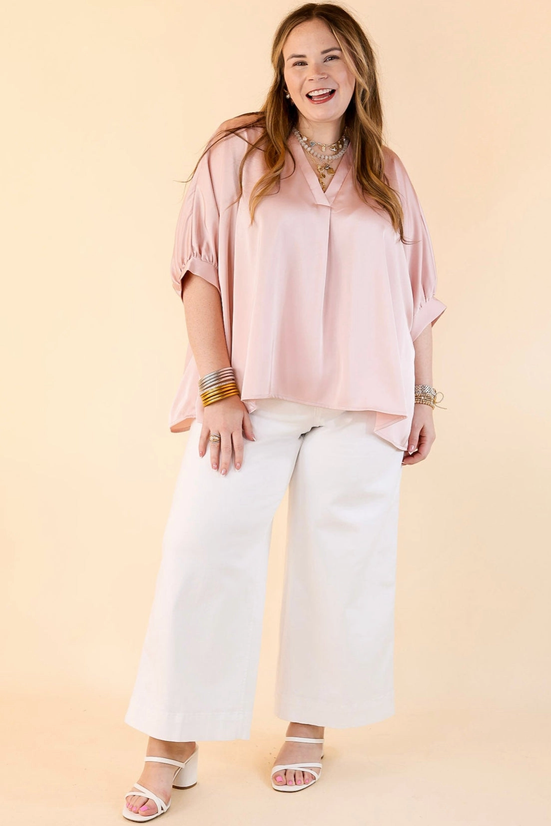 Irresistibly Chic Half Sleeve Oversized Blouse in Light Pink natural fiber Wardrobe Staple