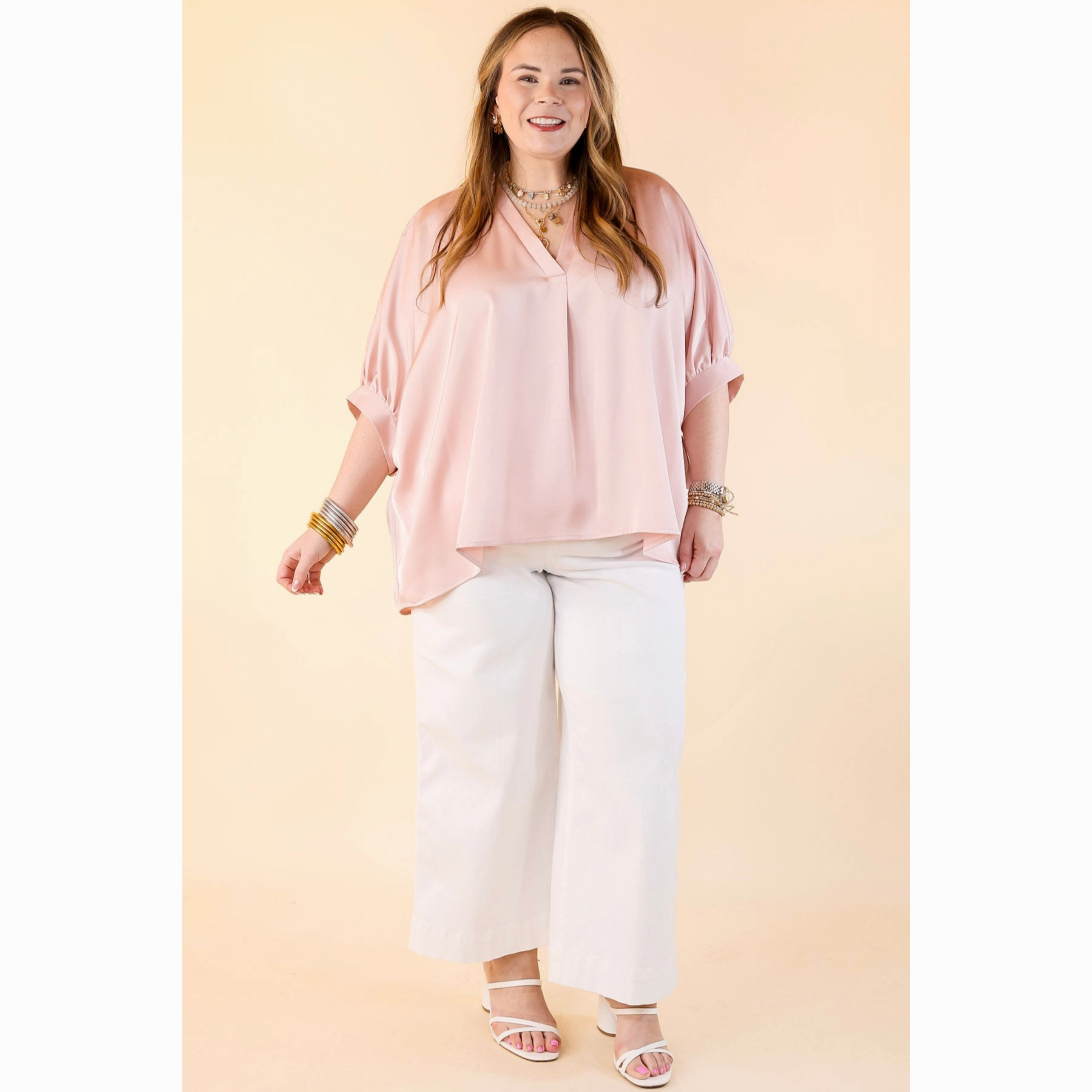 Irresistibly Chic Half Sleeve Oversized Blouse in Light Pink Comfort First Fit