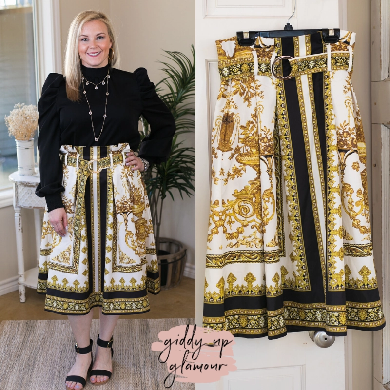 Classic Glamour Gold Filigree Belted Midi Skirt in White VentilatedMesh MultiPanelDesign