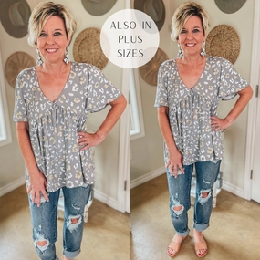 Last Chance Size Small | Brand New Look Leopard V Neck Babydoll Top in Grey Romance Fit
