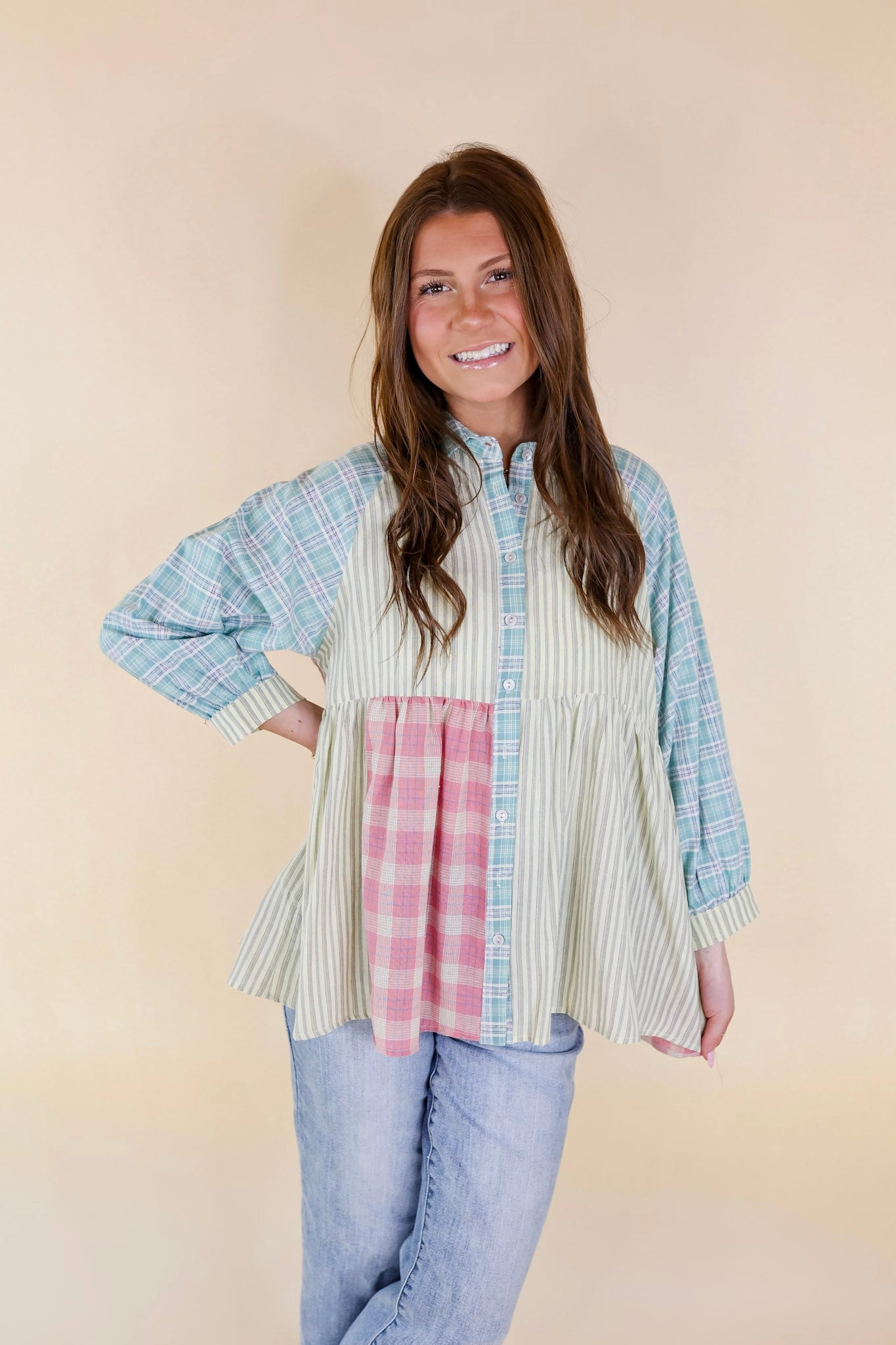 Island Adventure Button Up Mix Print Babydoll Top in Green Mix Brunch Fit