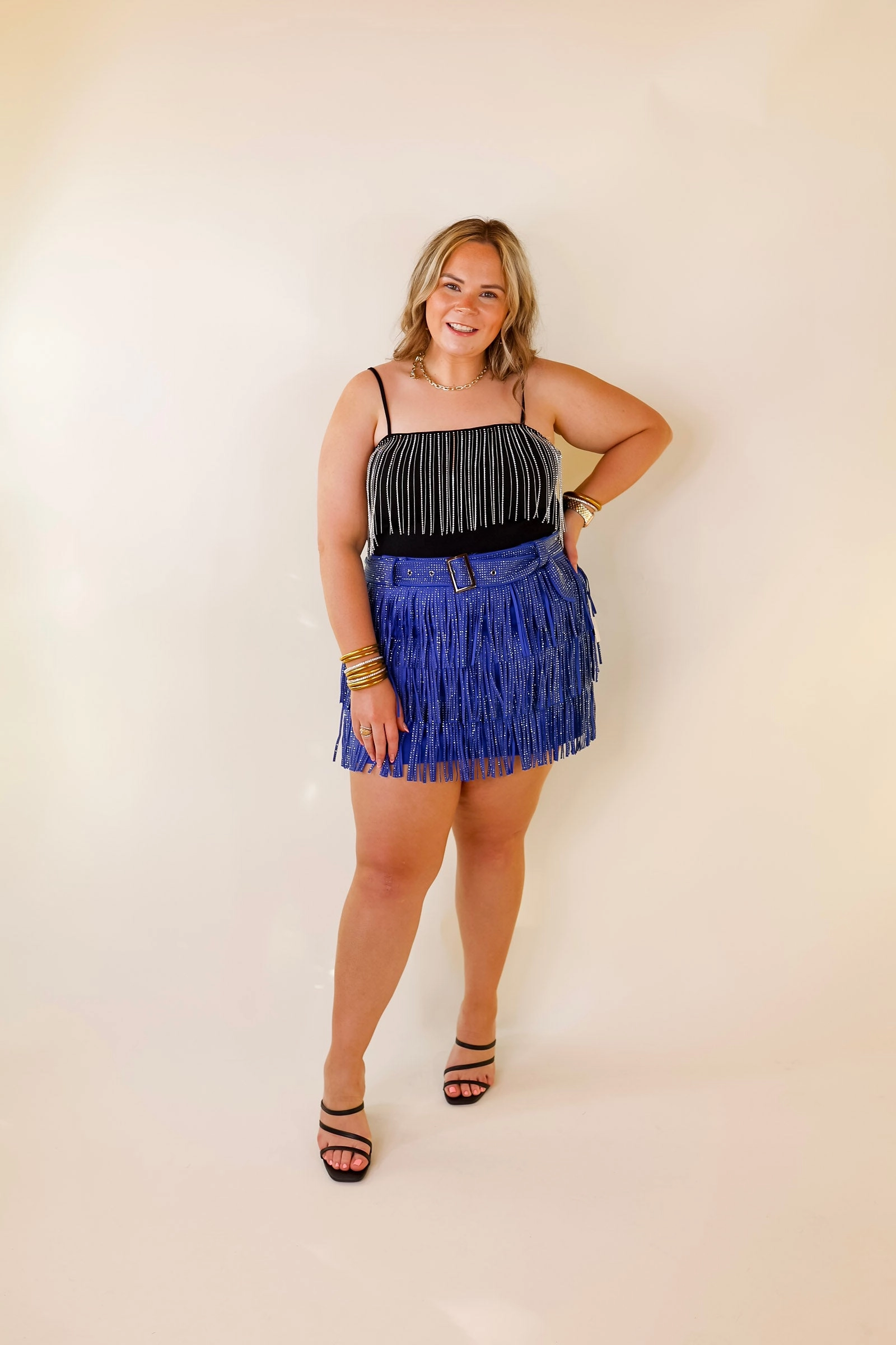 It Crowd Spaghetti Strap Top with Crystal Fringe in Black NonRestrictiveFit