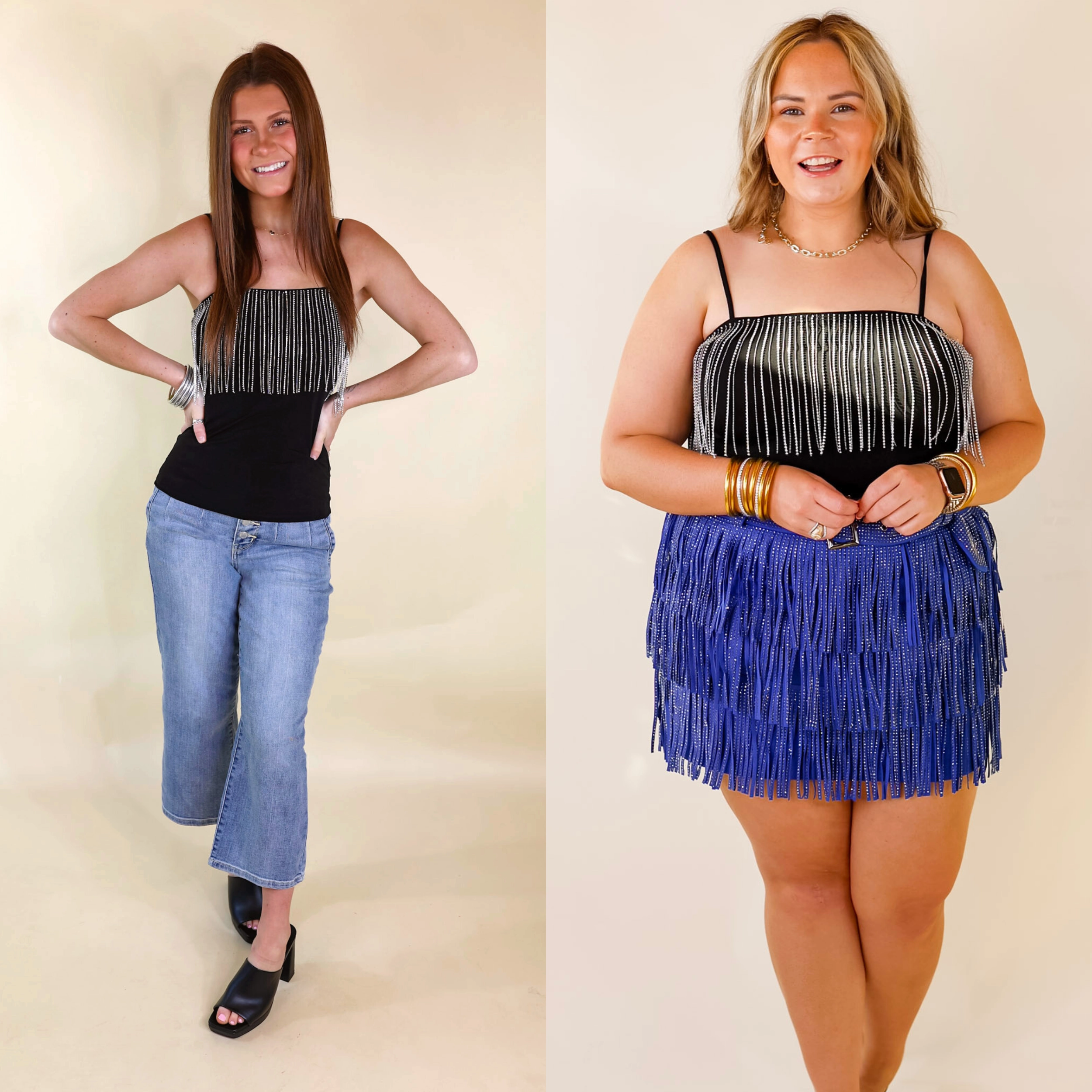 It Crowd Spaghetti Strap Top with Crystal Fringe in Black Formal Tank ReinforcedEdges