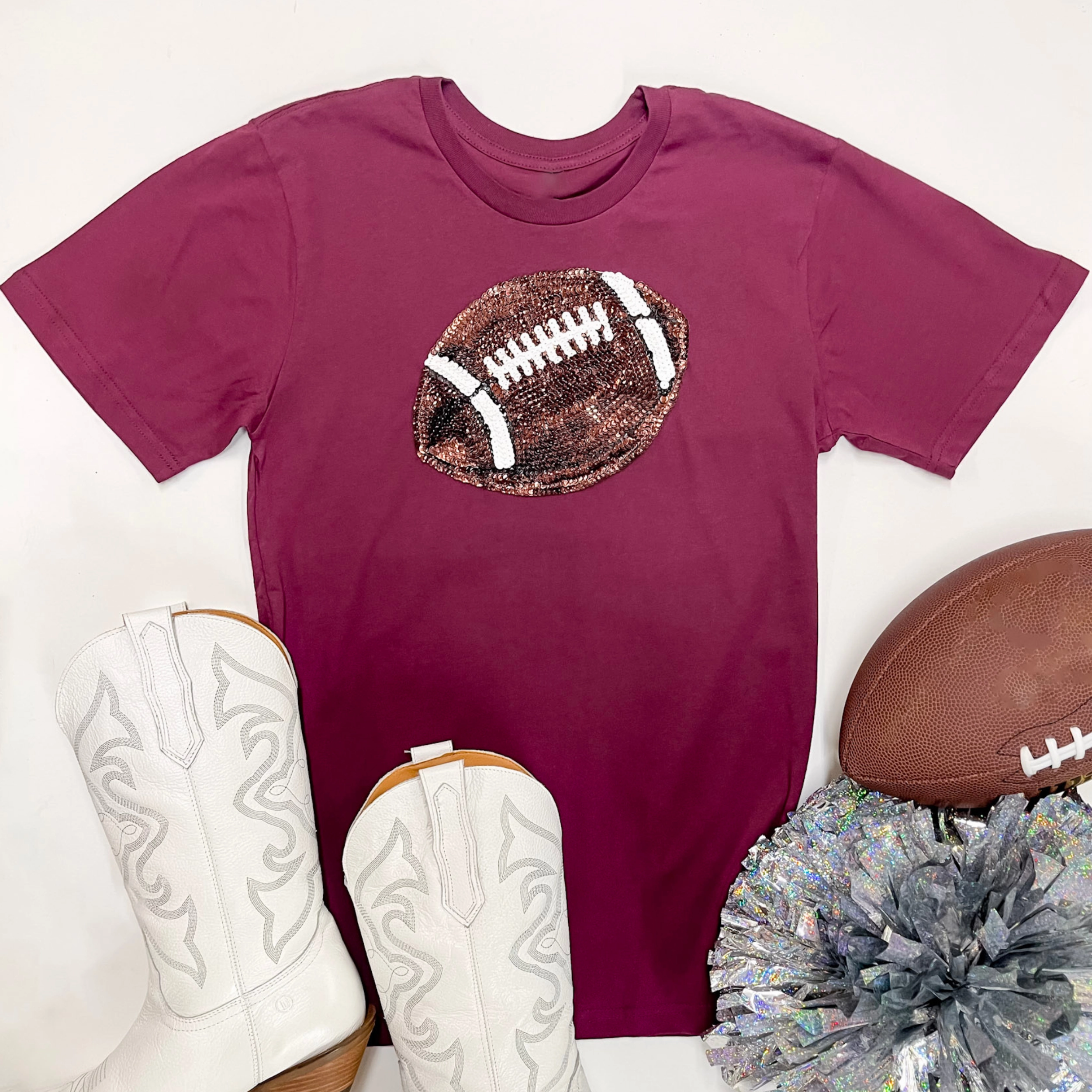 Summer Outfit It's A Win Sequin Patch Football Short Sleeve Graphic Tee in Maroon