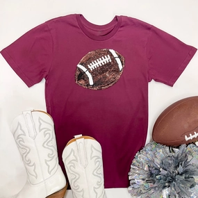 It's A Win Sequin Patch Football Short Sleeve Graphic Tee in Maroon Self Love