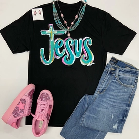 Jesus Cross Short Sleeve Graphic Tee in Black Trans Glow