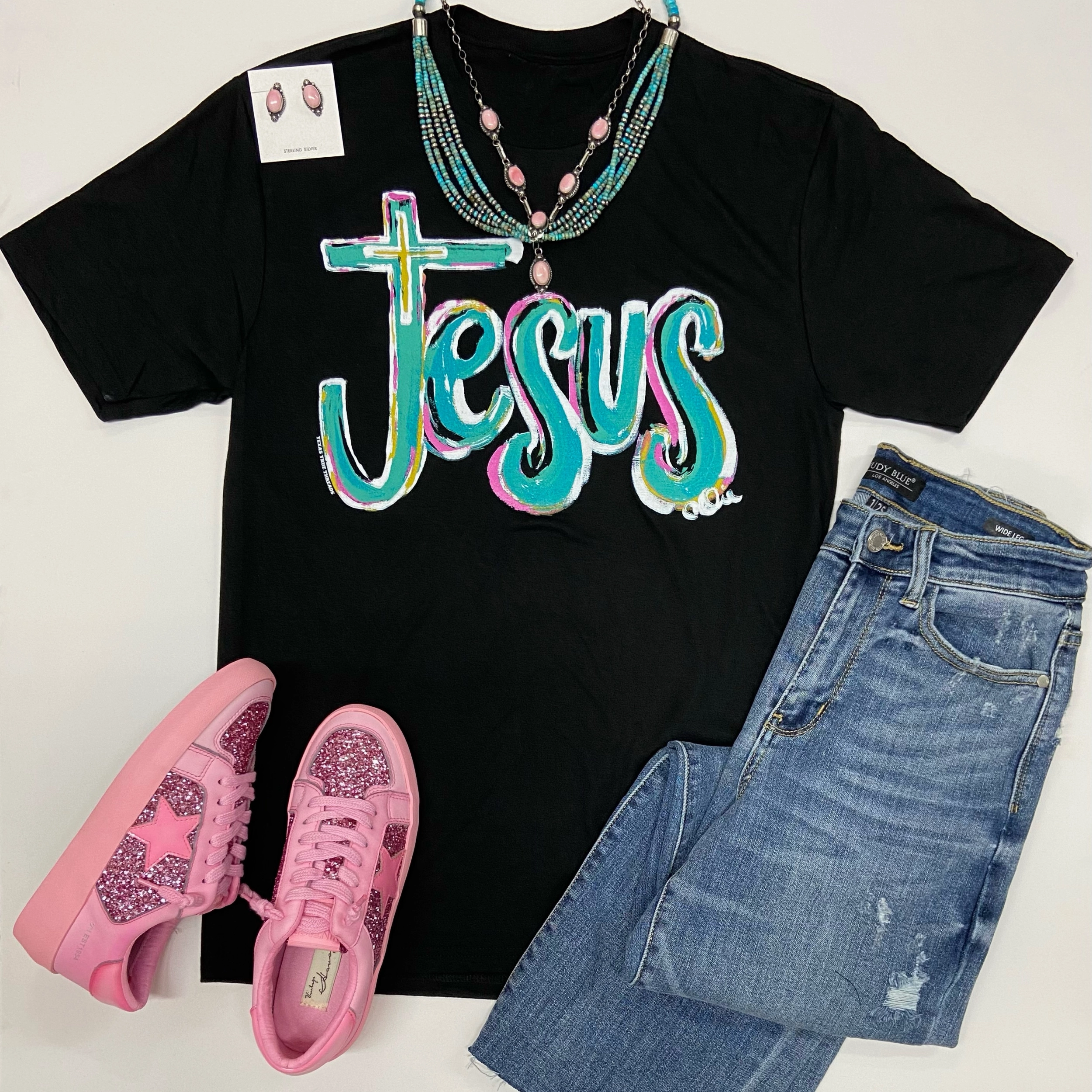 Matte Tone AdjustableWaist Jesus Cross Short Sleeve Graphic Tee in Black