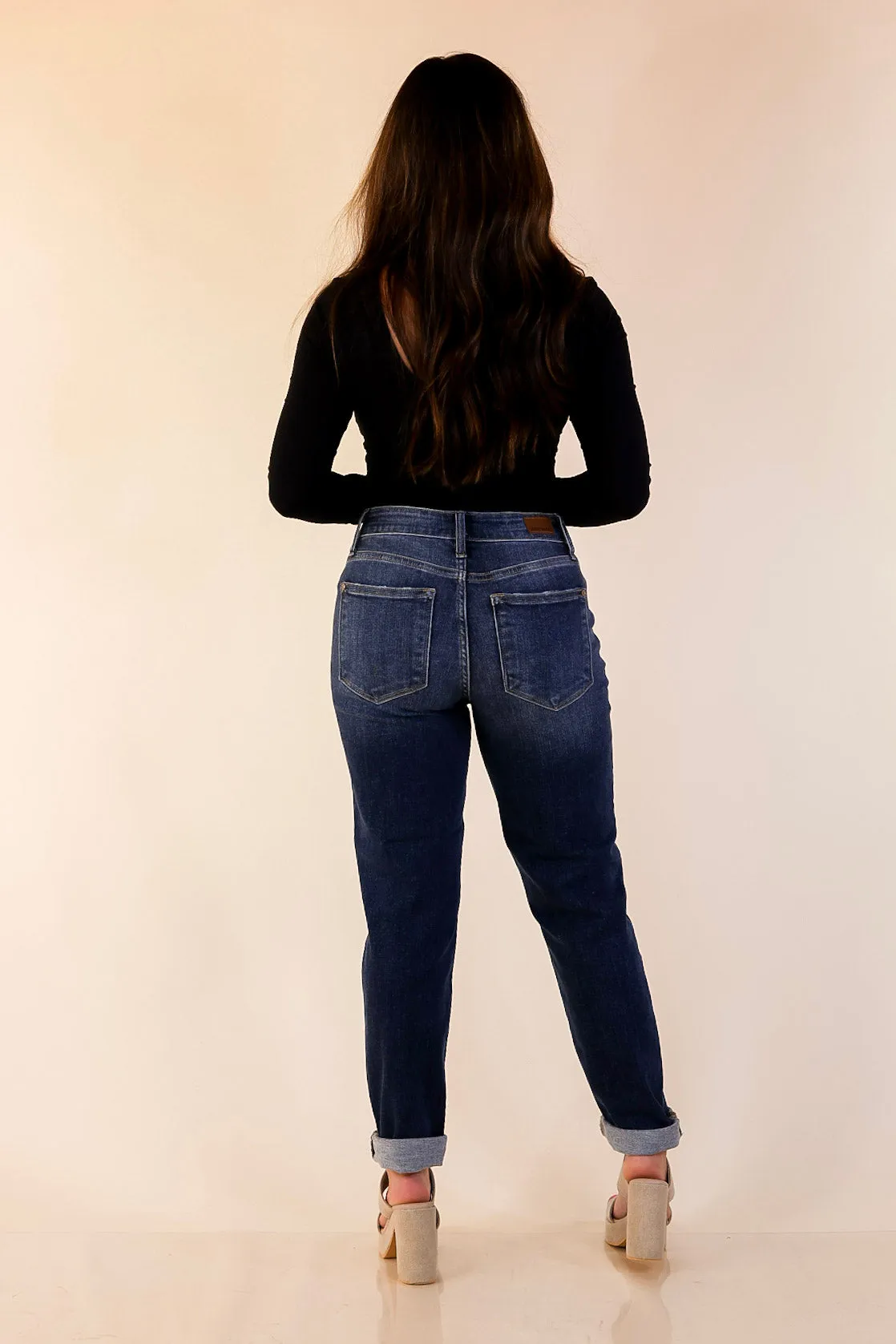 Thermal Insulation Judy Blue | Naturally Cool Cuffed Boyfriend Denim Jeans in Dark Wash