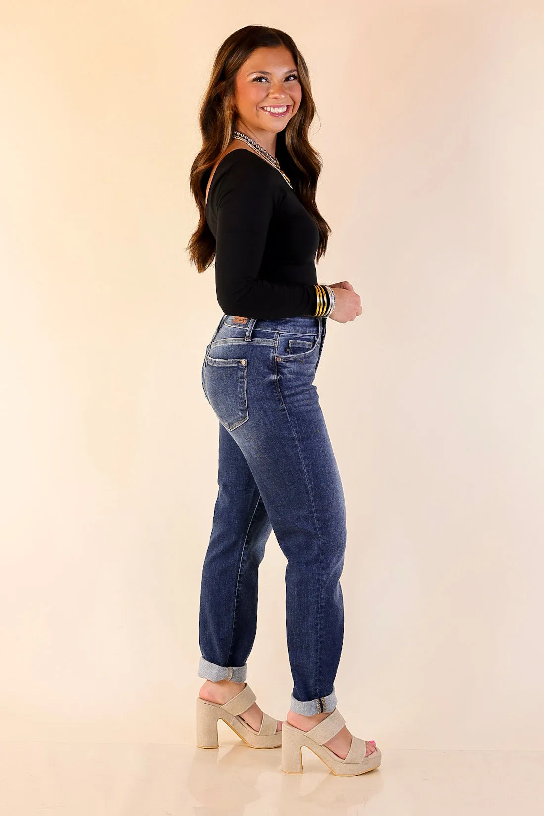 Baby Soft Breathable Lining Judy Blue | Naturally Cool Cuffed Boyfriend Denim Jeans in Dark Wash