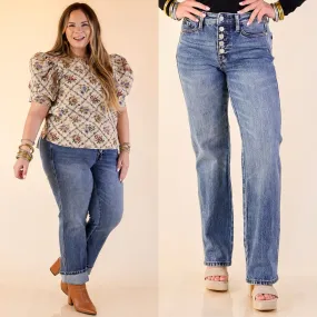 Judy Blue | Simply Styled Rigid Magic Button Fly Slim Straight Jeans in Medium Wash World Tone Summer Outerwear