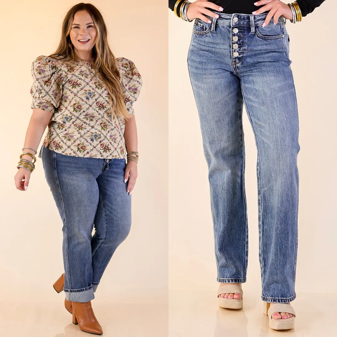 Judy Blue | Simply Styled Rigid Magic Button Fly Slim Straight Jeans in Medium Wash World Tone Summer Outerwear