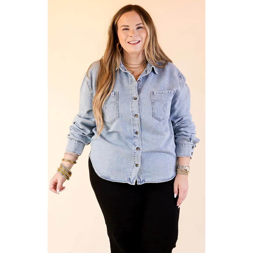 Judy Blue | True Essential Denim Button Up Shirt in Medium Wash Double Stitched Hems Resilient Fabric Blend