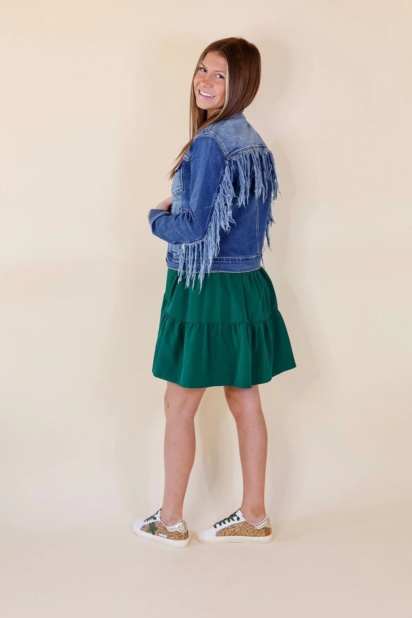 Judy Blue | At The Top Frayed Denim Fringe Jacket in Medium Wash StaticFree Lining DurableWeave