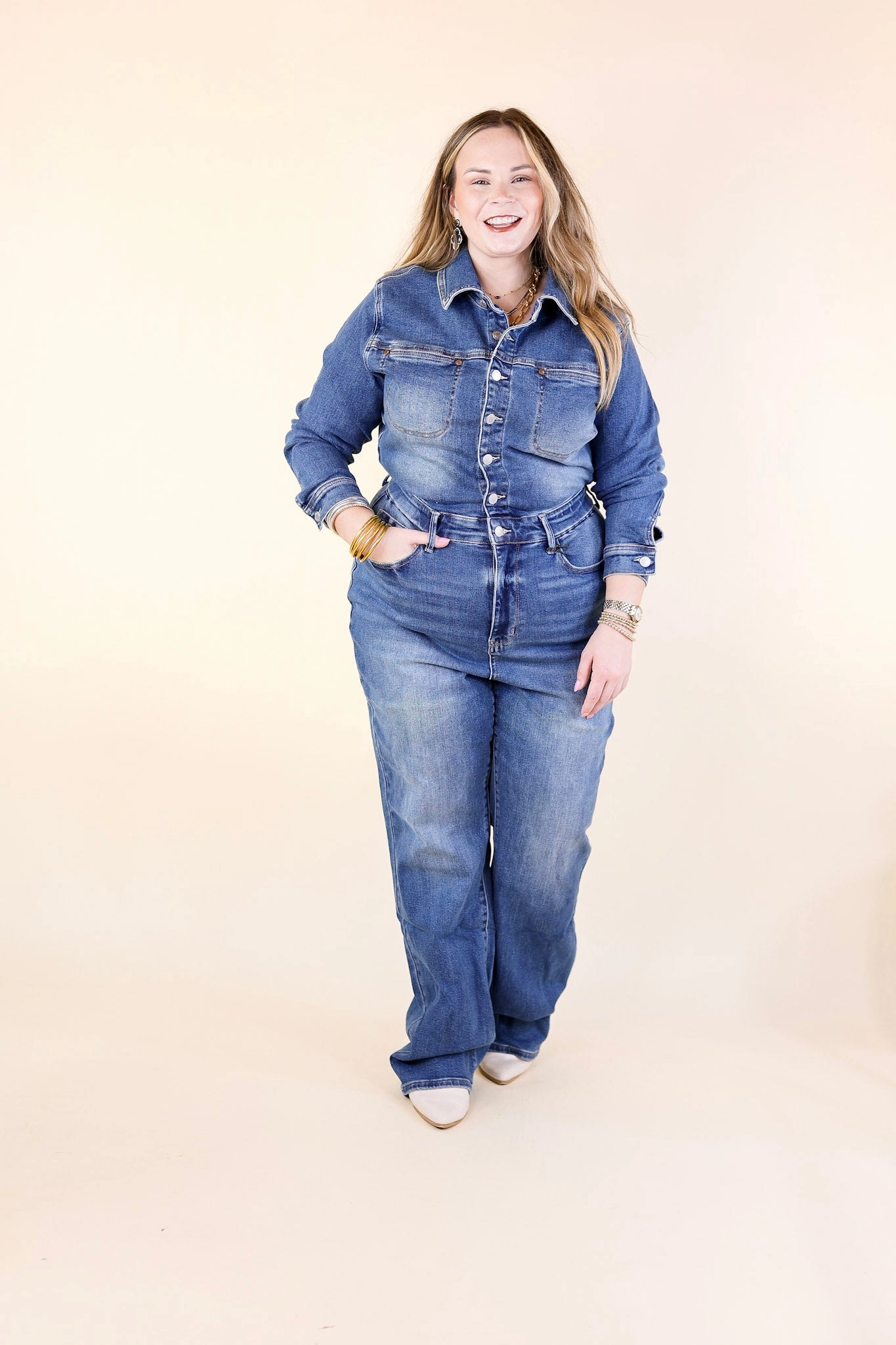 SoftTouchLining Judy Blue | Not Your Concern Long Sleeve Denim Jumpsuit in Medium Wash