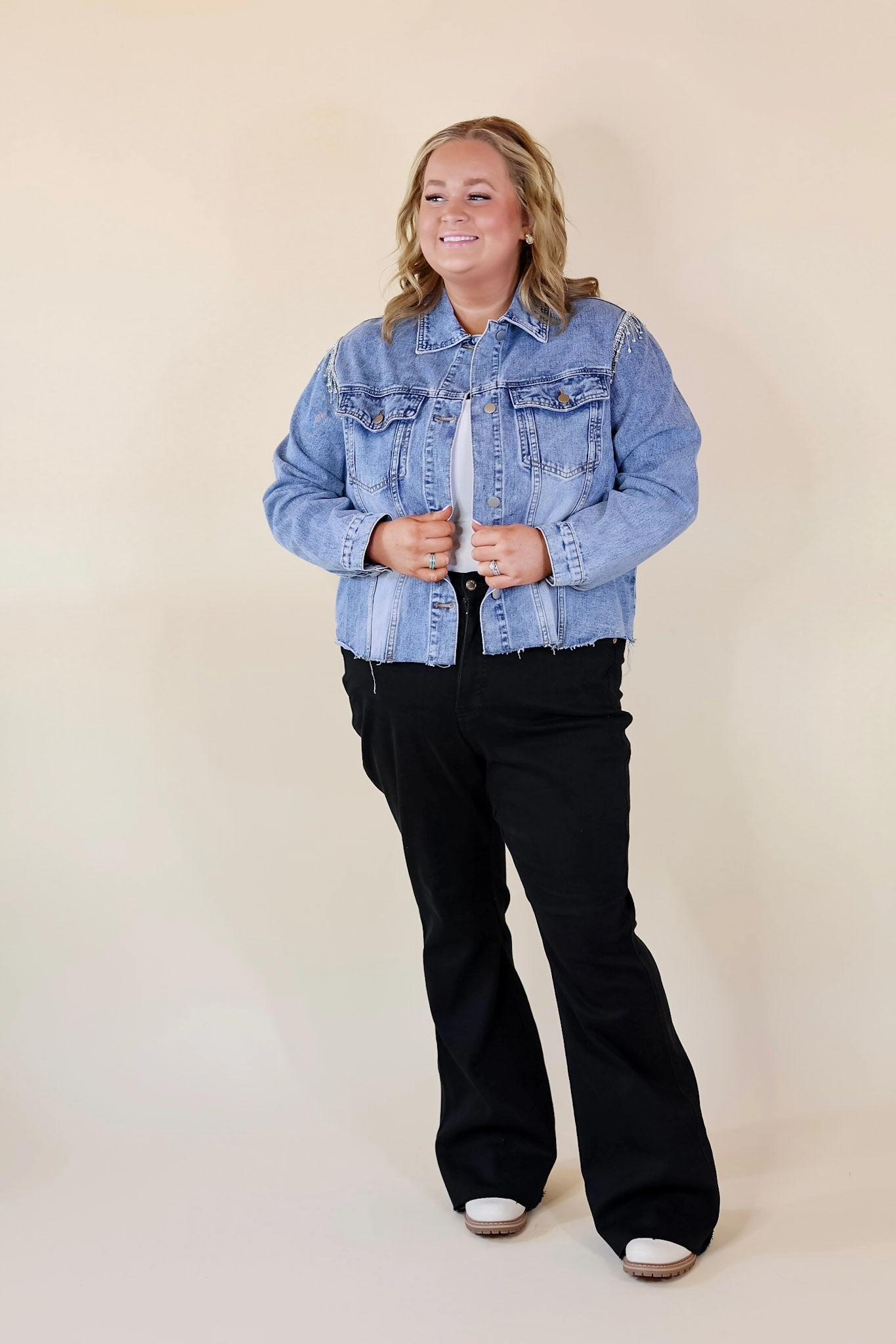 Just A Glimmer Crystal Fringe Shoulder Cropped Denim Jacket Feather Glow Star Light