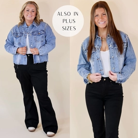 Layered Paneling Group Mood Just A Glimmer Crystal Fringe Shoulder Cropped Denim Jacket