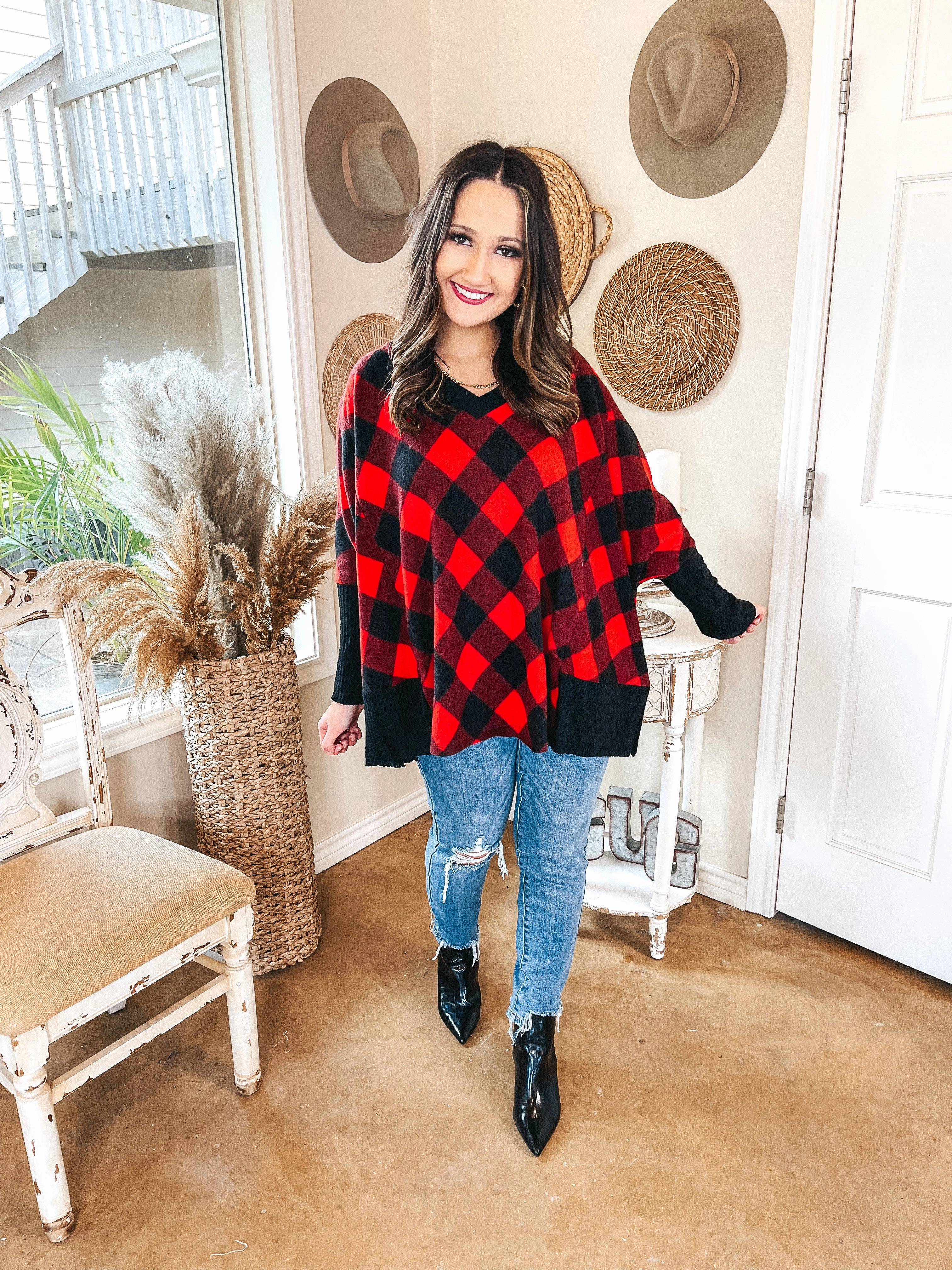 ShrinkResistant Formal Look Just Joyful Buffalo Plaid Long Sleeve Shift Top in Red and Black