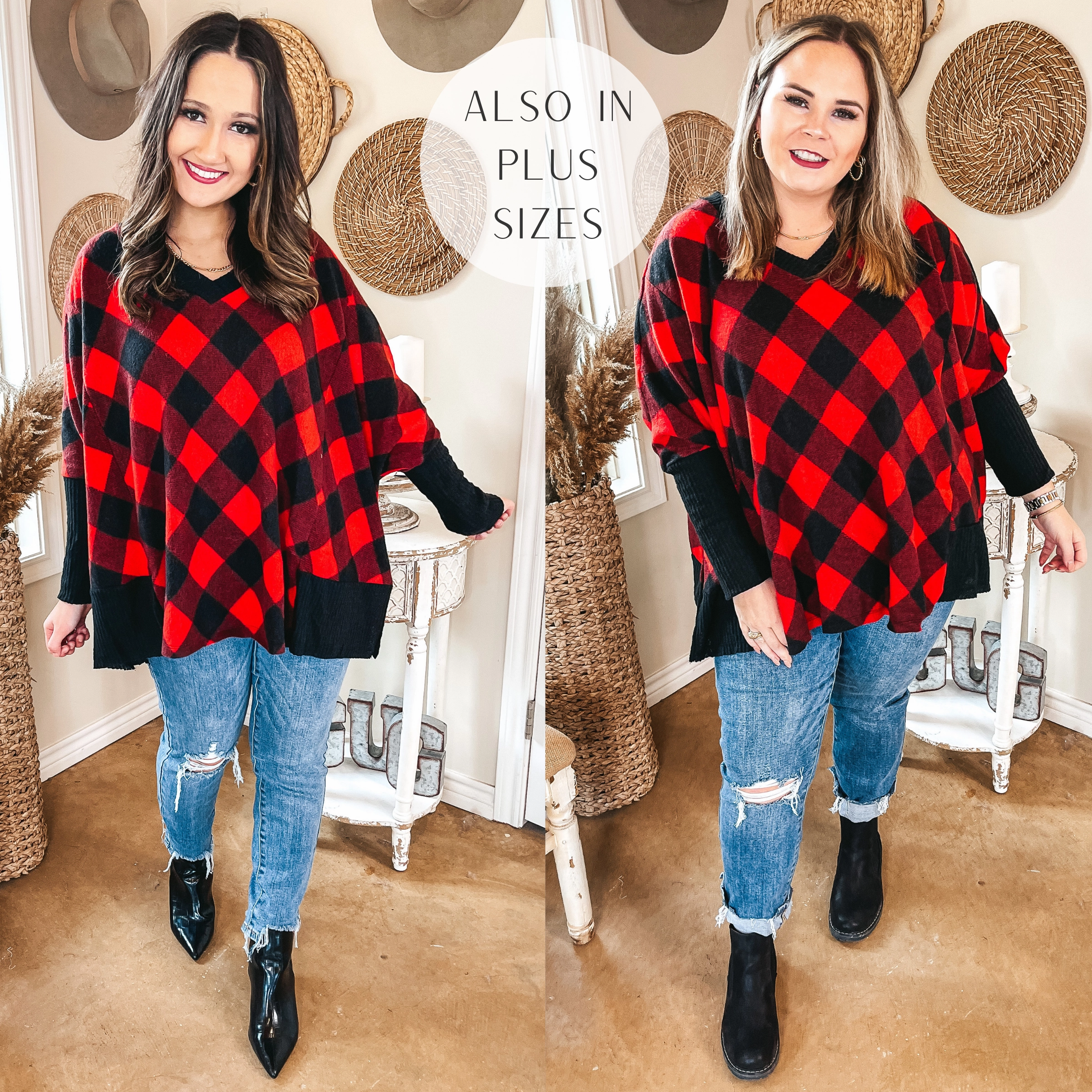 Just Joyful Buffalo Plaid Long Sleeve Shift Top in Red and Black WrinkleResistantCloth