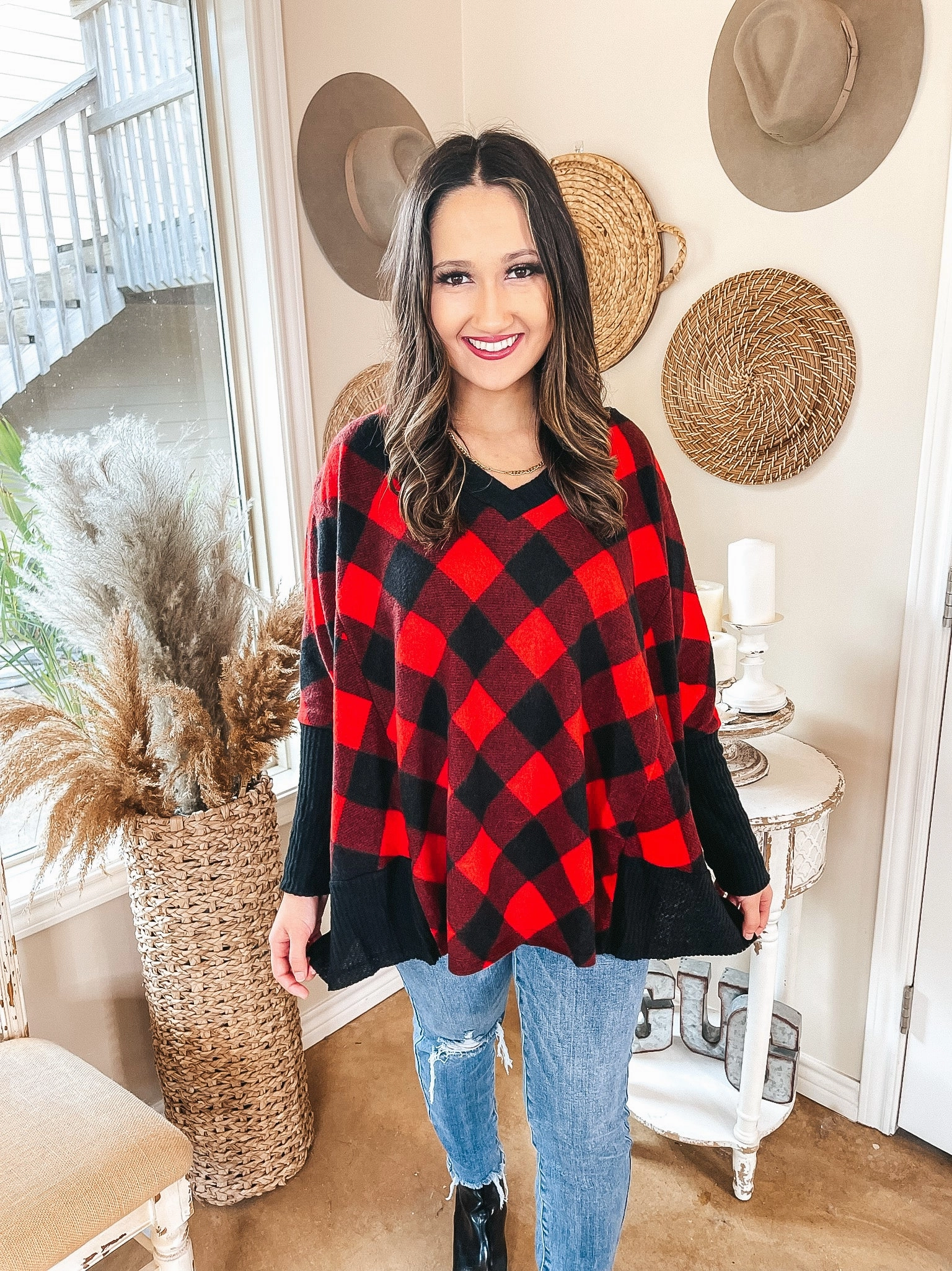 QuickReleaseClosures Just Joyful Buffalo Plaid Long Sleeve Shift Top in Red and Black