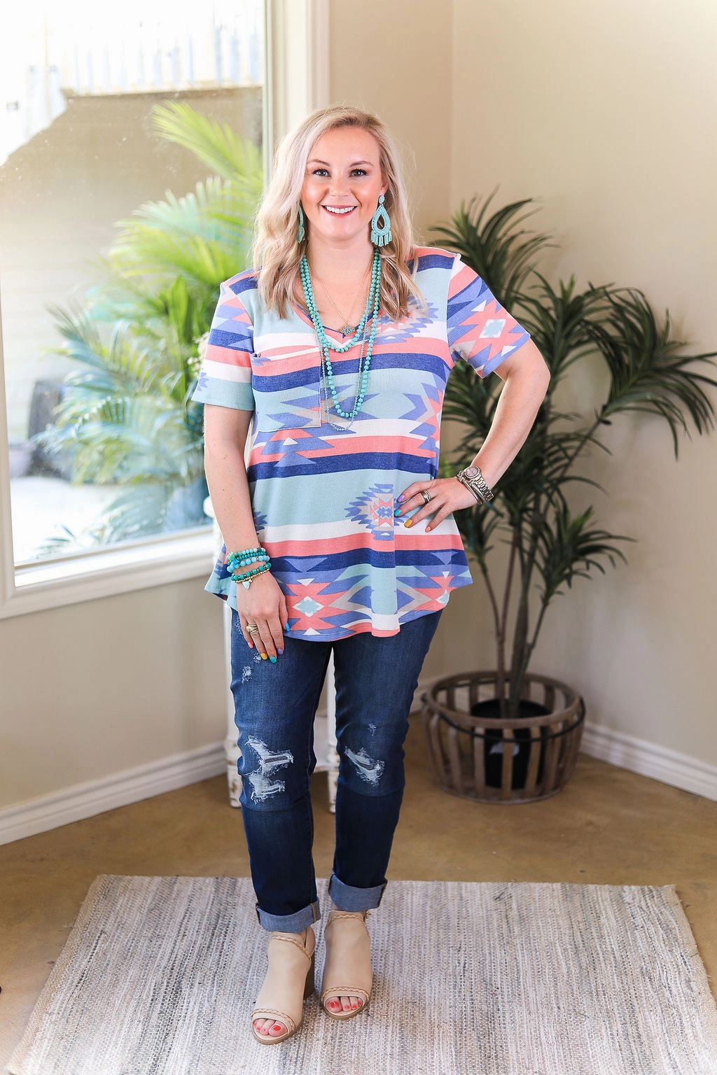 Just Right Short Sleeve Aztec Print Pocket Tee in Mint & Coral Outdoor Shirt Relaxed Layer