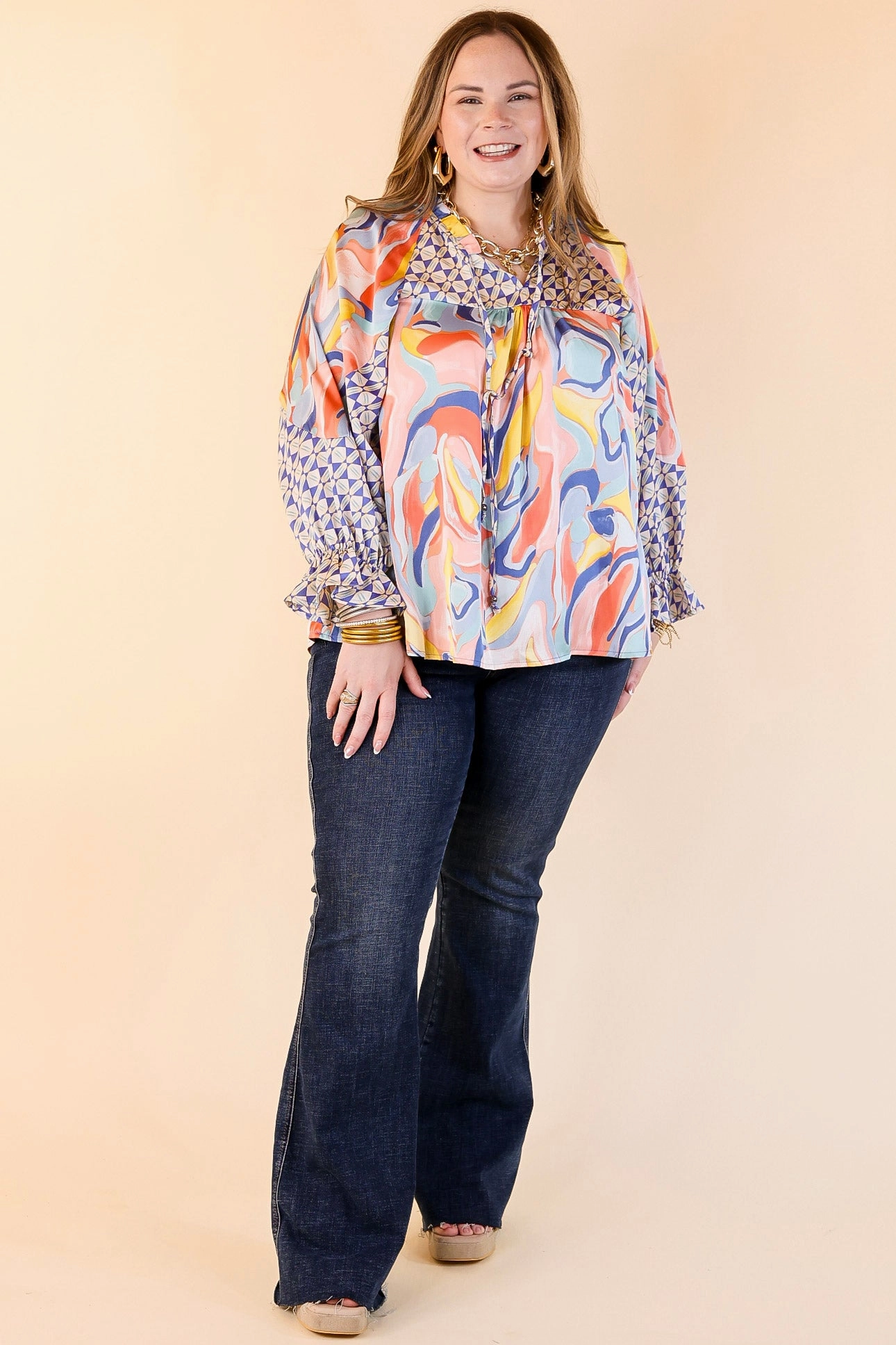 Keen On You Mix Print Blouse with Keyhole and Tie Neckline in Blue Mix Smooth Cotton Blend