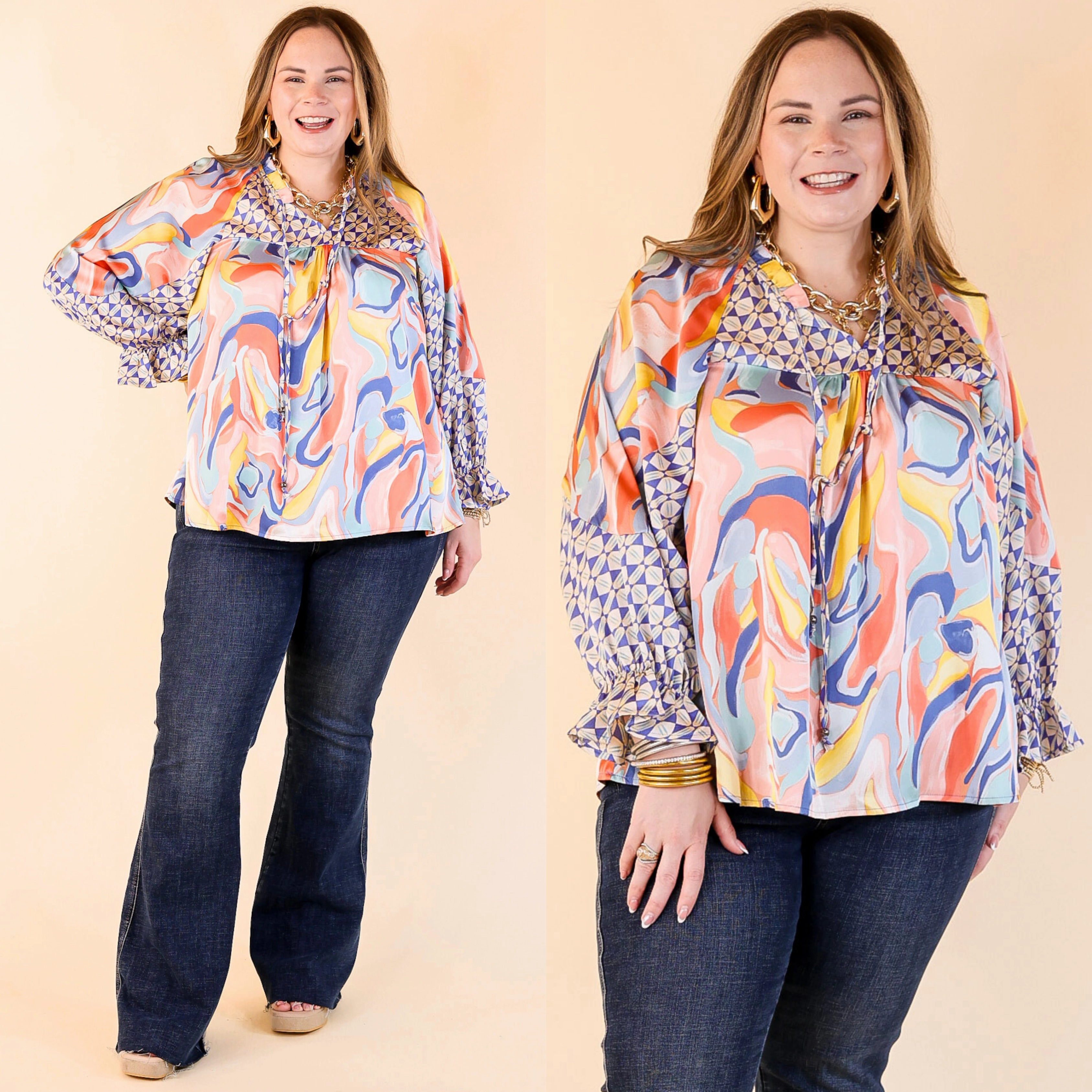 Keen On You Mix Print Blouse with Keyhole and Tie Neckline in Blue Mix Casual Fit Work From Home