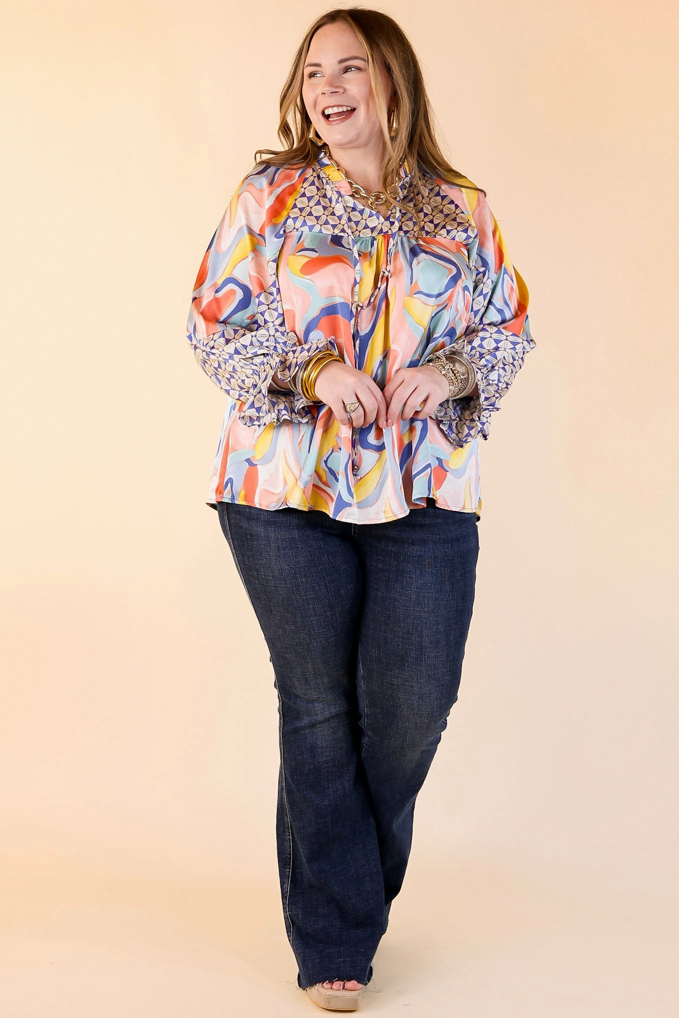 Keen On You Mix Print Blouse with Keyhole and Tie Neckline in Blue Mix Premium Finish