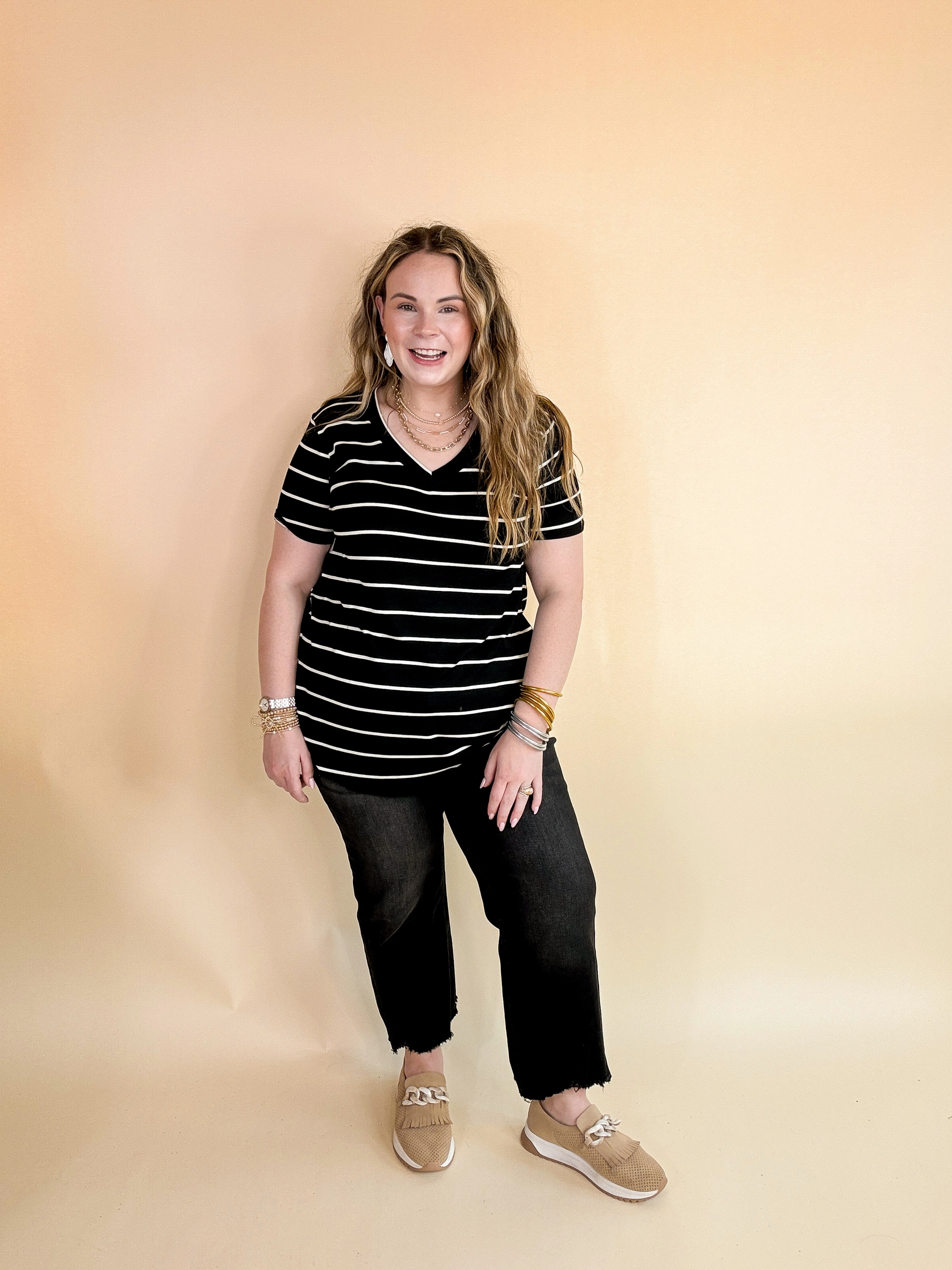 Keep Things Casual Striped V Neck Tee in Black LayeredConstruction