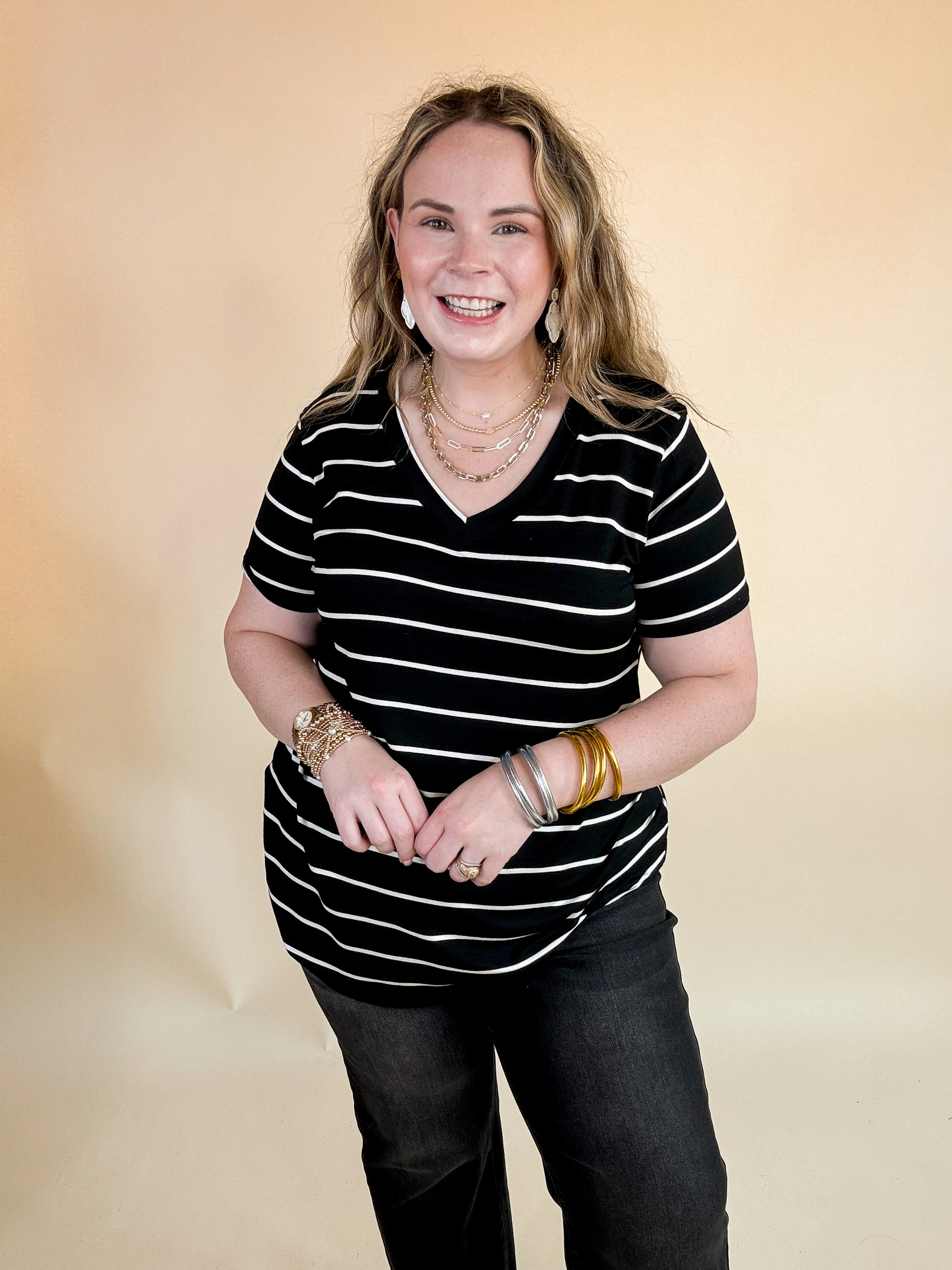 Flexible Fit Keep Things Casual Striped V Neck Tee in Black