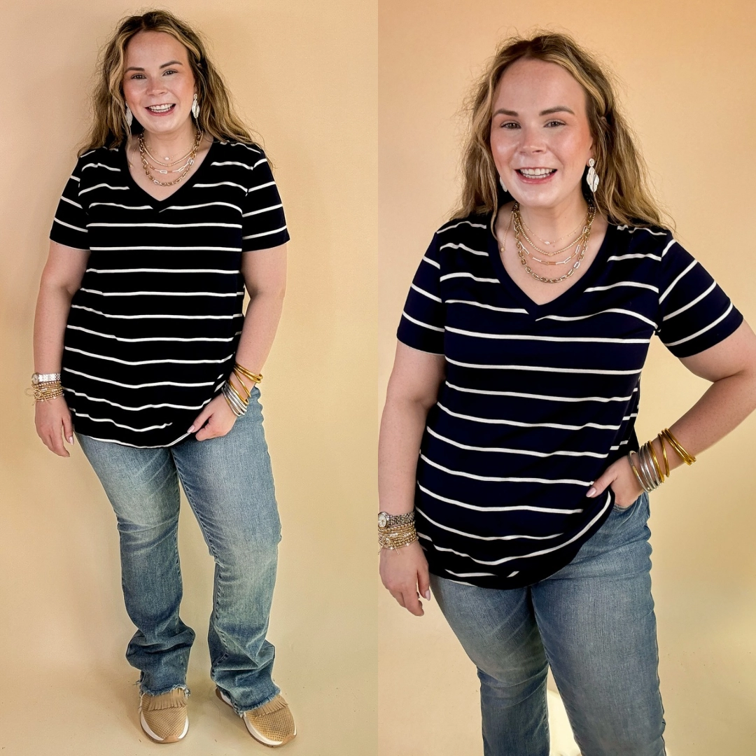 Keep Things Casual Striped V Neck Tee in Navy Elite Vibe Minimalist Style