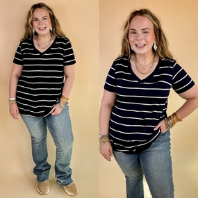 Keep Things Casual Striped V Neck Tee in Navy Elite Vibe Minimalist Style