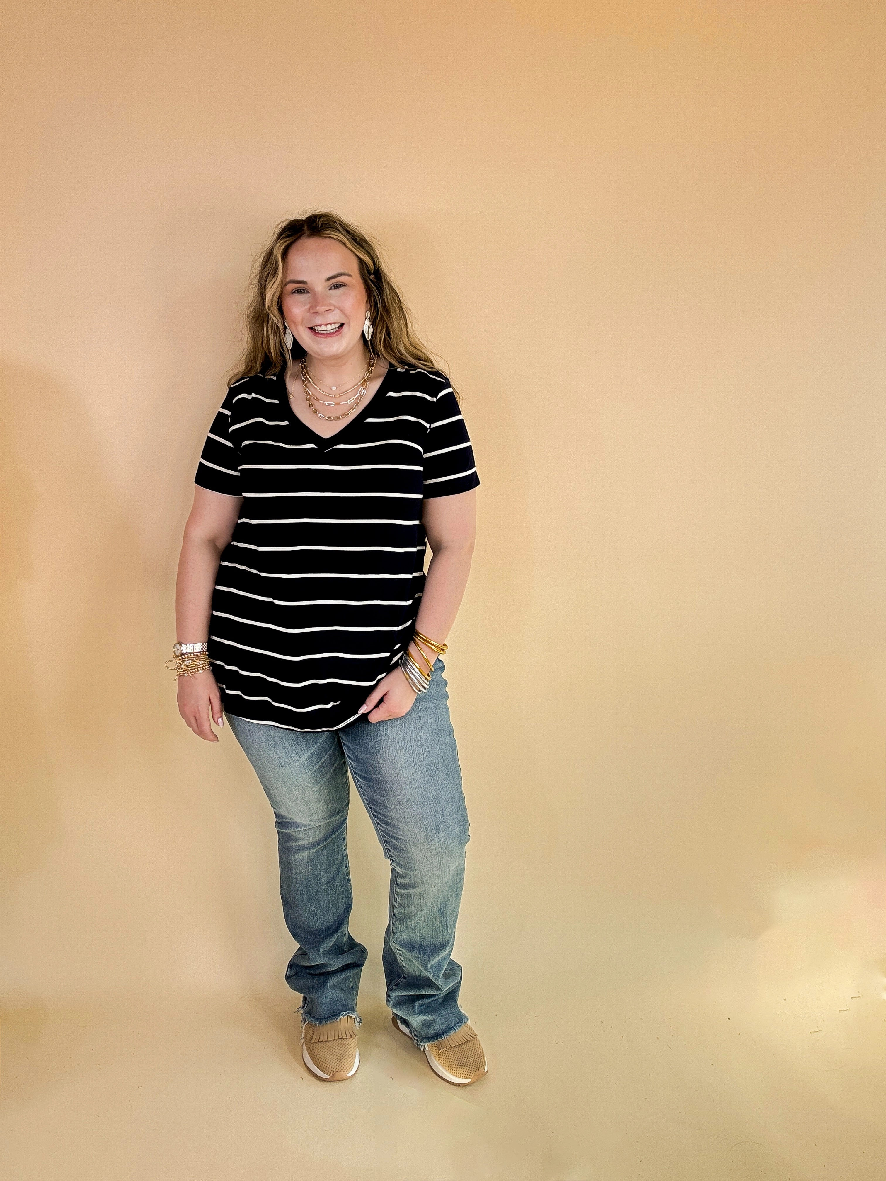 Trendy Boots MoistureControl Fabric Keep Things Casual Striped V Neck Tee in Navy