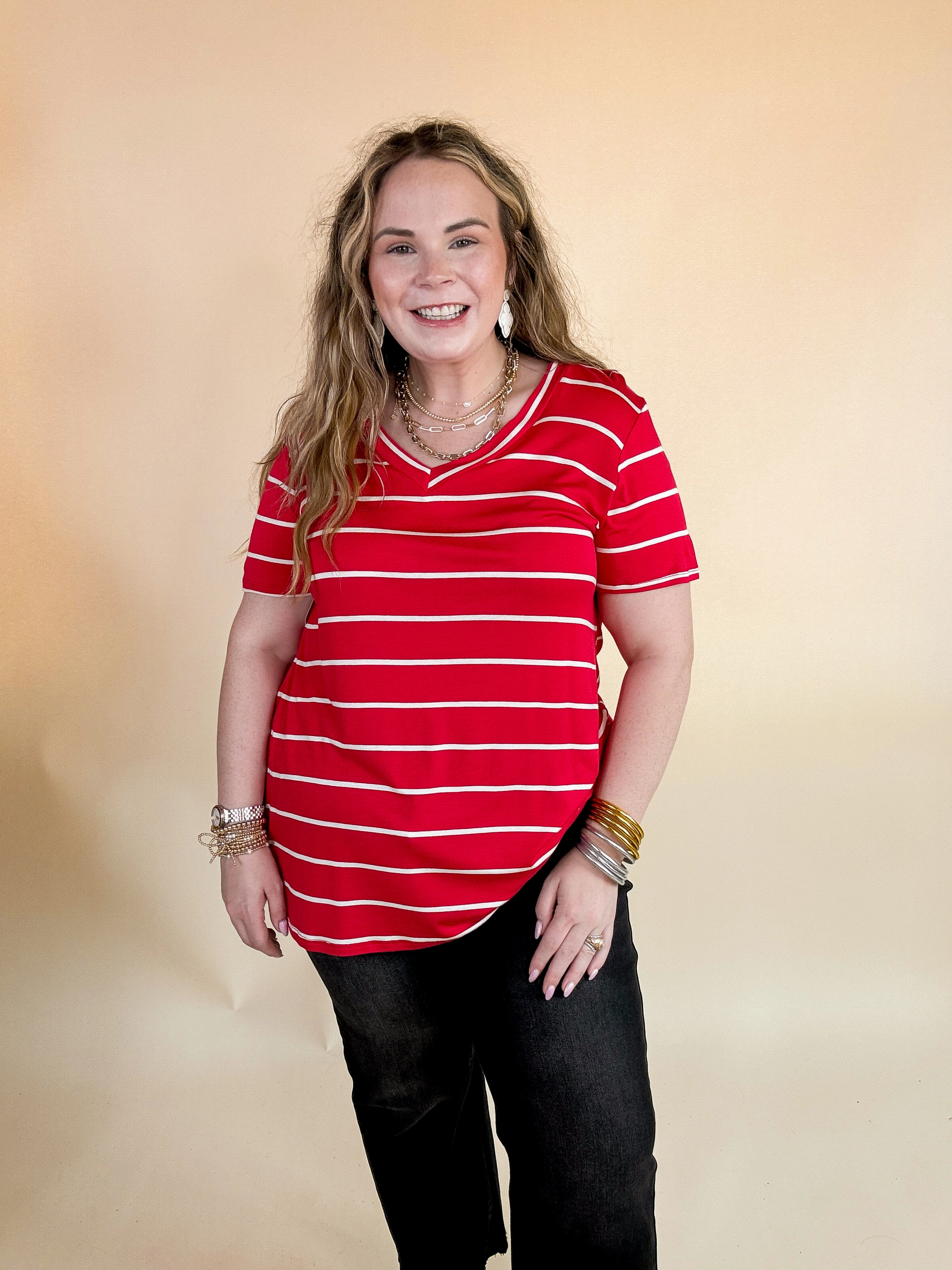 Keep Things Casual Striped V Neck Tee in Red StaticFree Lining Work Mix