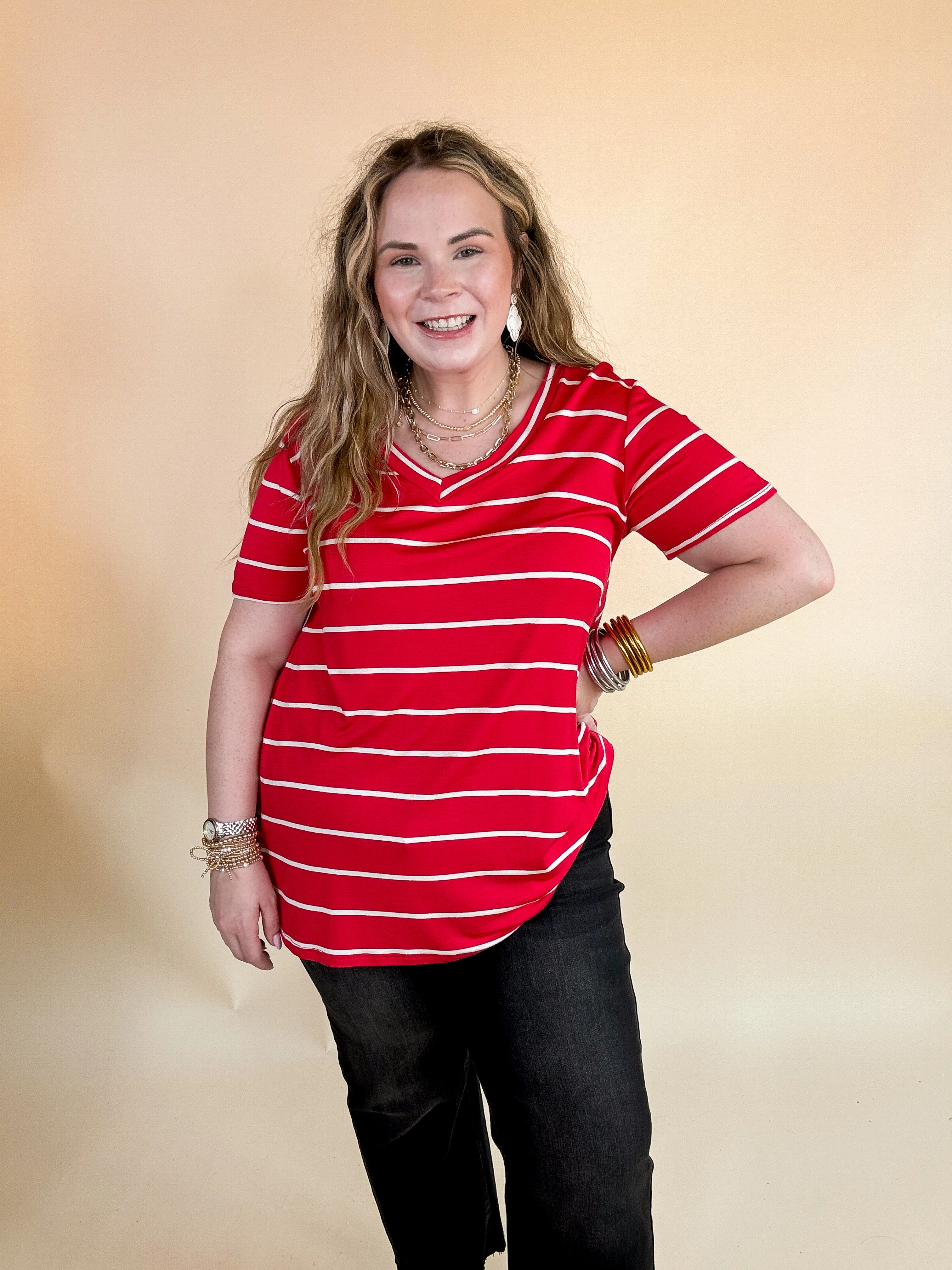 Winter Accessories Keep Things Casual Striped V Neck Tee in Red