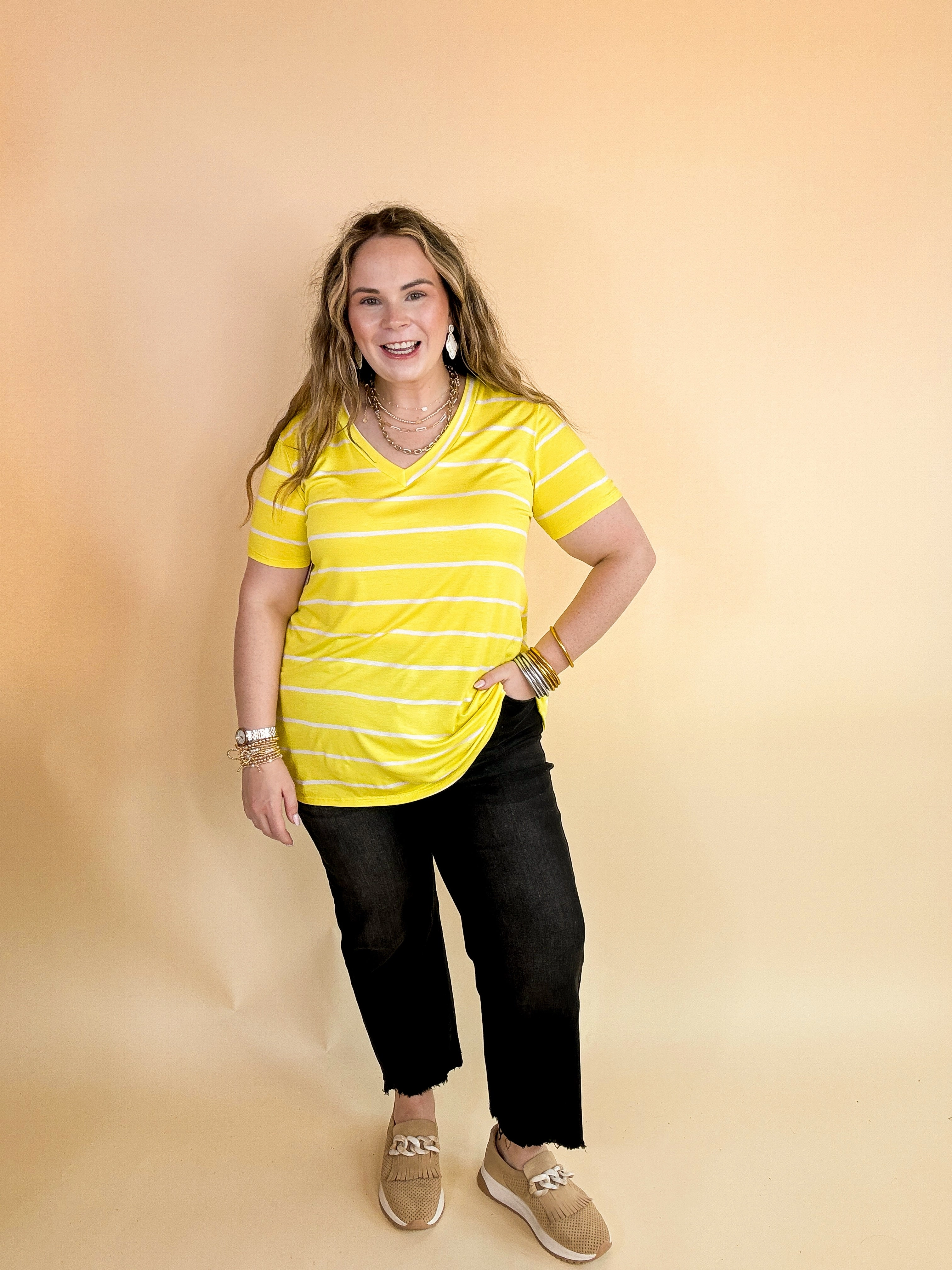 Keep Things Casual Striped V Neck Tee in Yellow Trendy Outerwear