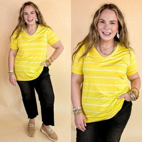 Keep Things Casual Striped V Neck Tee in Yellow AdjustableWaistband