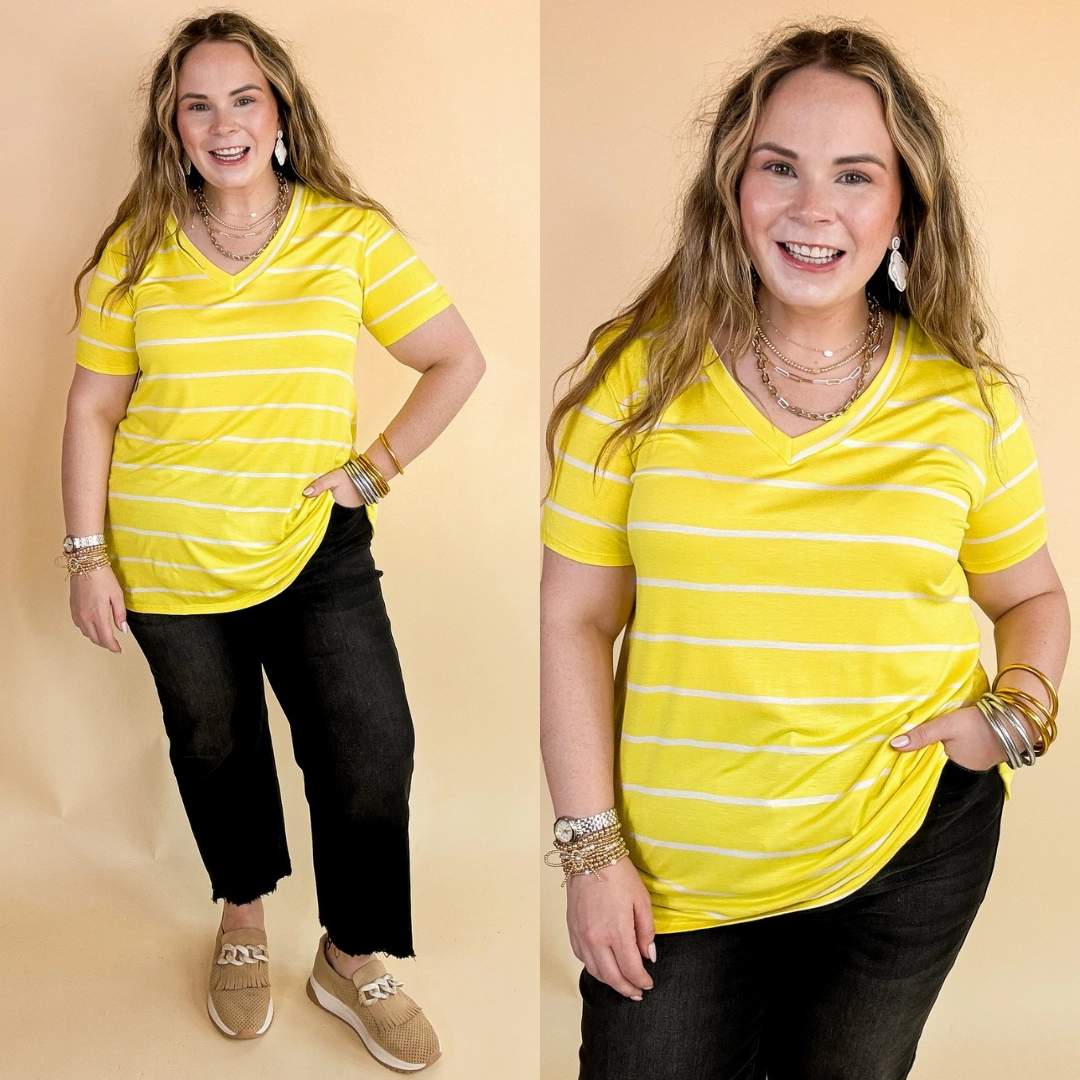 Keep Things Casual Striped V Neck Tee in Yellow AdjustableWaistband
