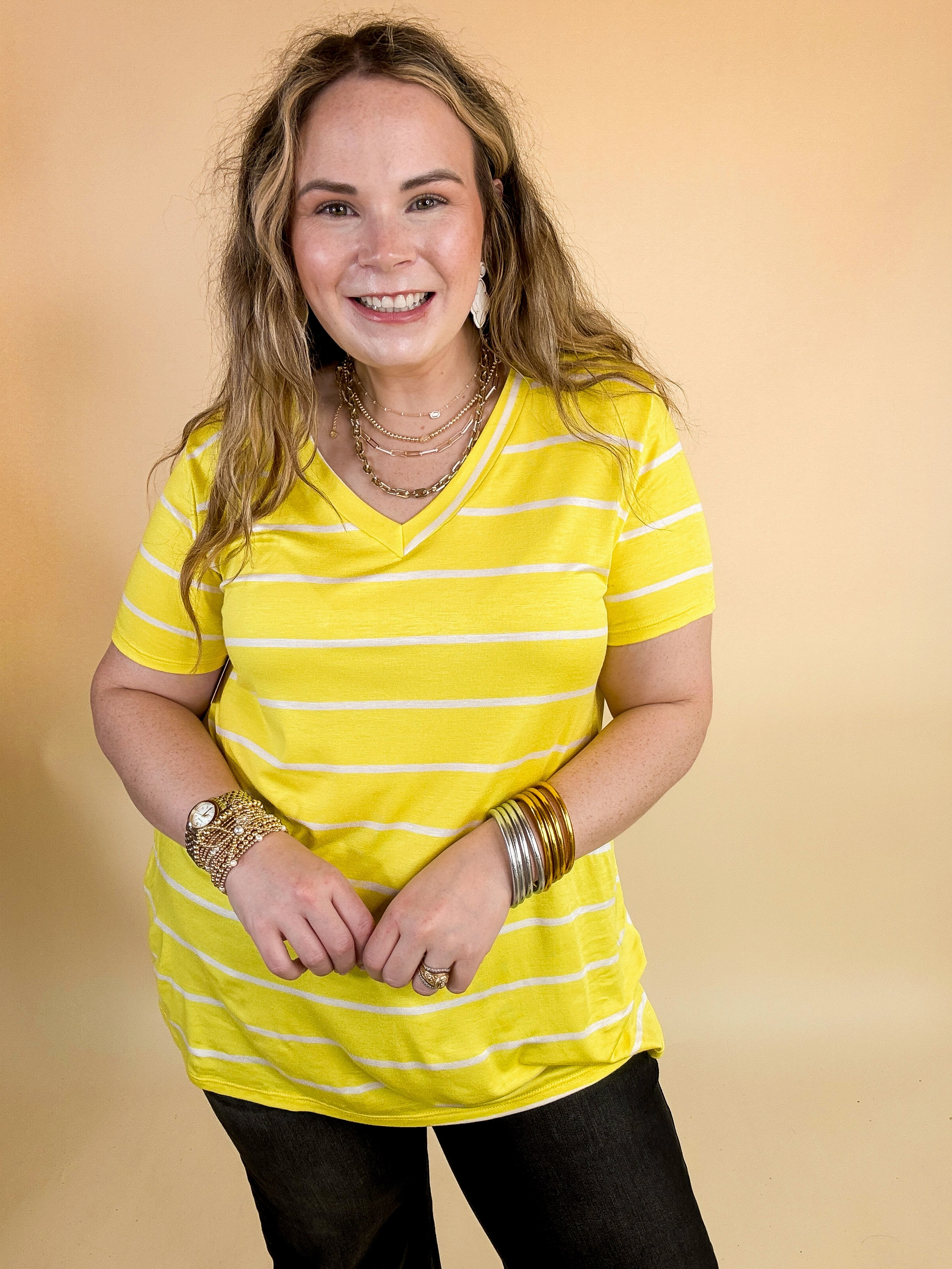 Keep Things Casual Striped V Neck Tee in Yellow ConvertibleStyle