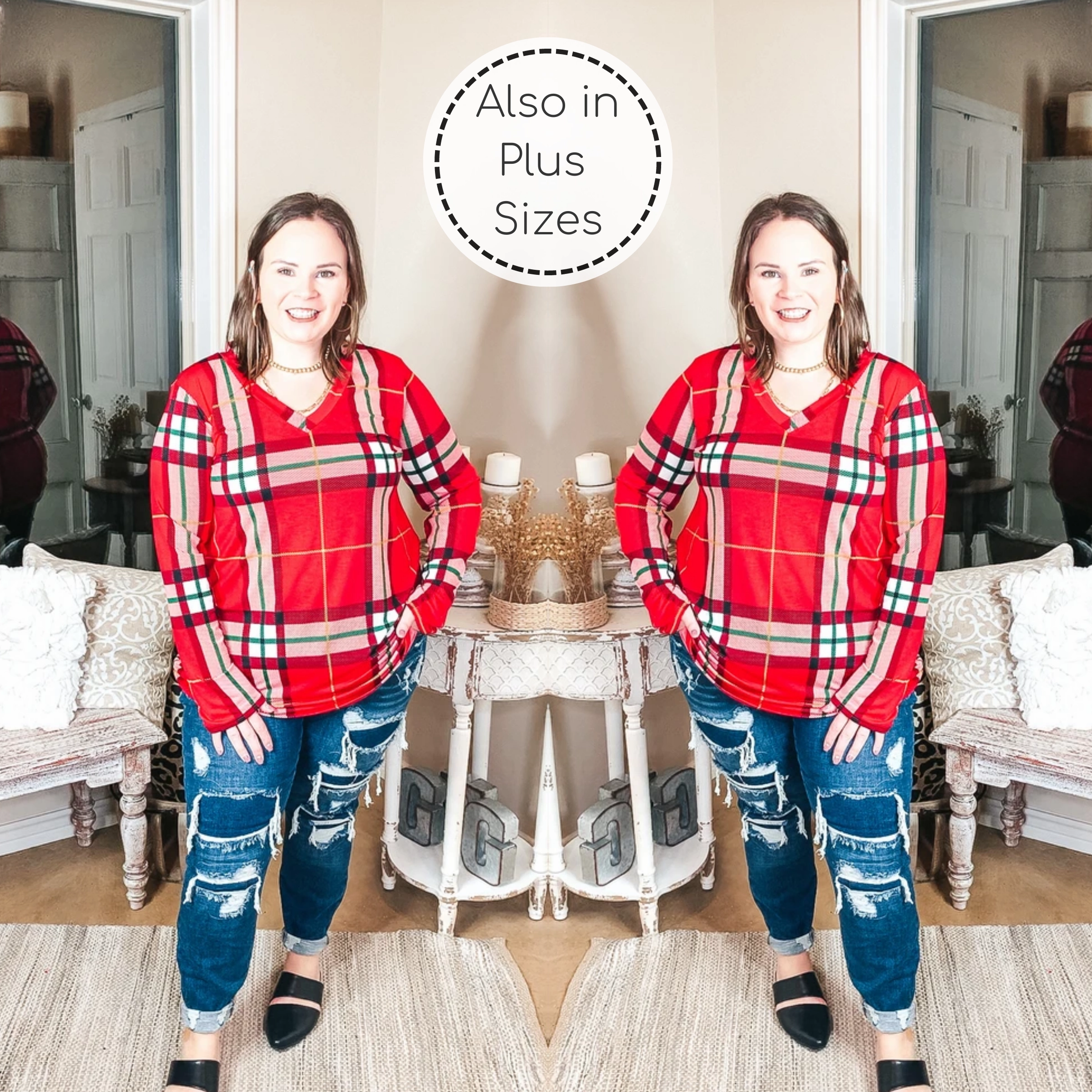 Keep Things Simple Long Sleeve Plaid V Neck Pullover Top in Red Summer Glow Easy Cool