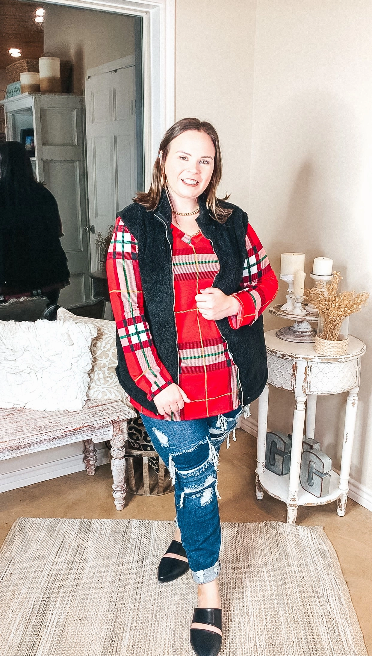 Durable materials Keep Things Simple Long Sleeve Plaid V Neck Pullover Top in Red