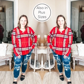 Keep Things Simple Long Sleeve Plaid V Neck Pullover Top in Red Summer Glow Easy Cool