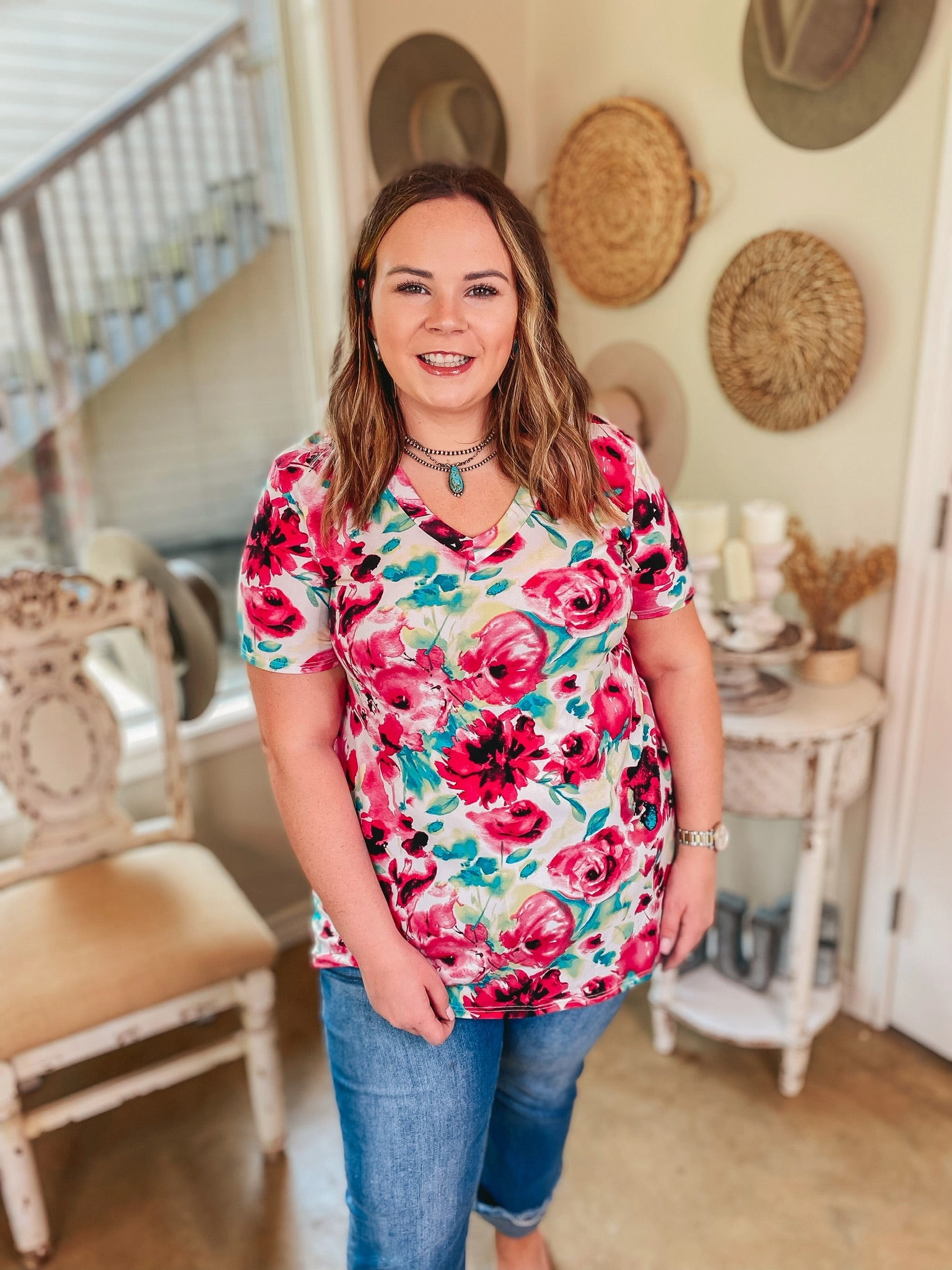 Pearl Tone EasyAdjustment Keep Things Simple Rose Floral V Neck Tee in Pink