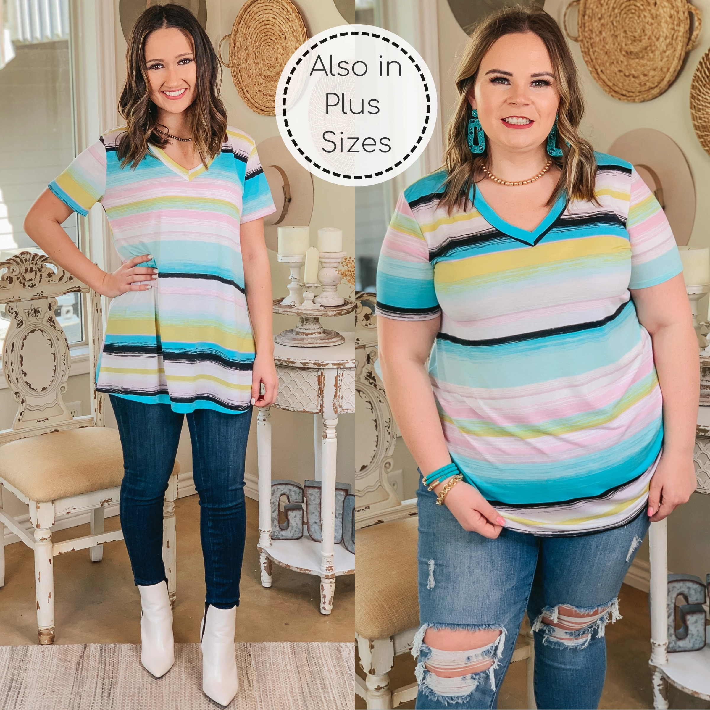 QuickDryDesign NonRestrictiveFit Keep Things Simple Striped V Neck Tee in Mint and Yellow Multi