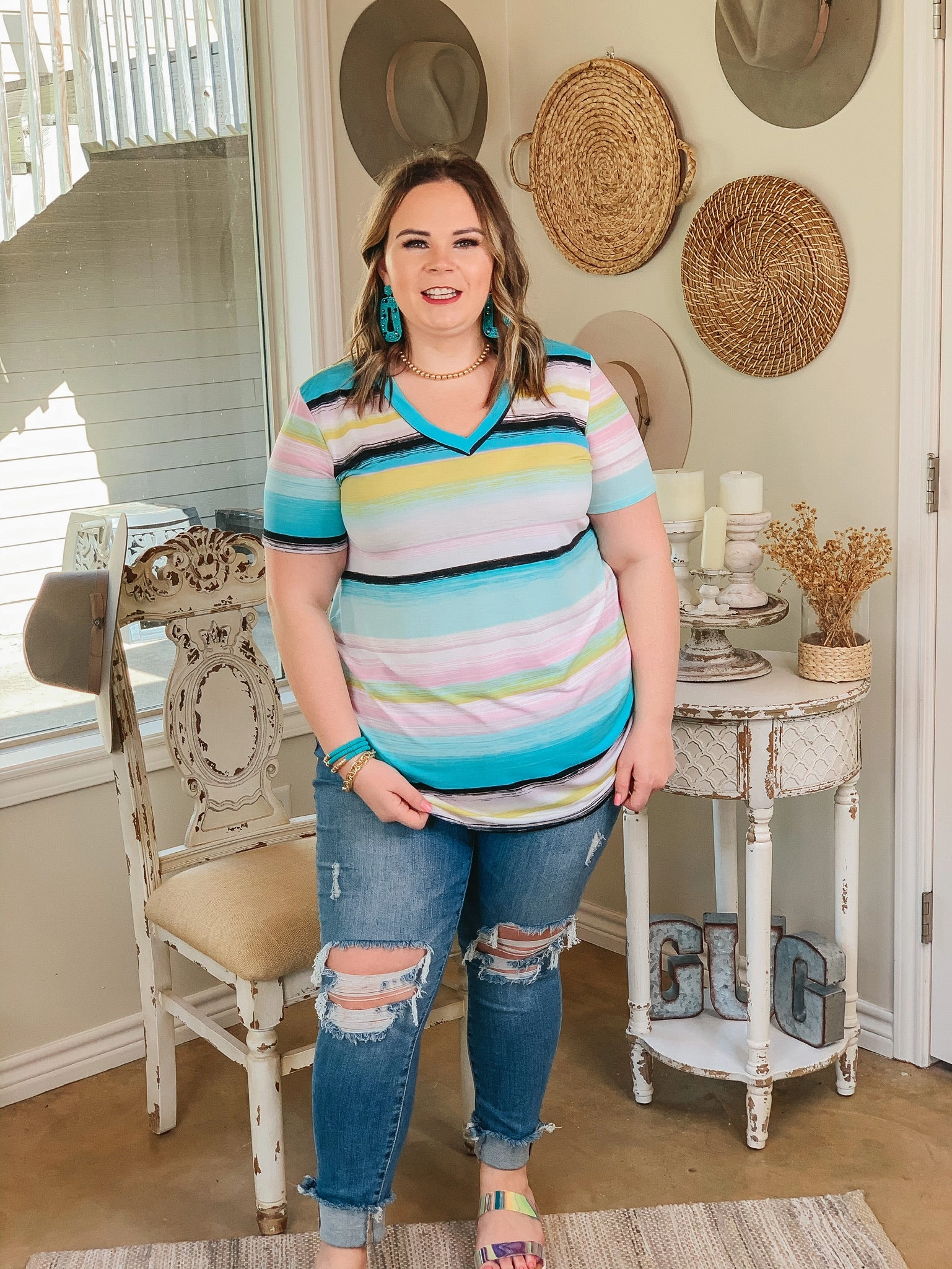 Keep Things Simple Striped V Neck Tee in Mint and Yellow Multi Morning Ease